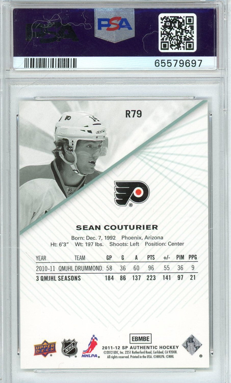Graded 2011 SP Authentic Sean Couturier #R79 Rookie Extended Series RC Hockey Card PSA 10 Gem Mint