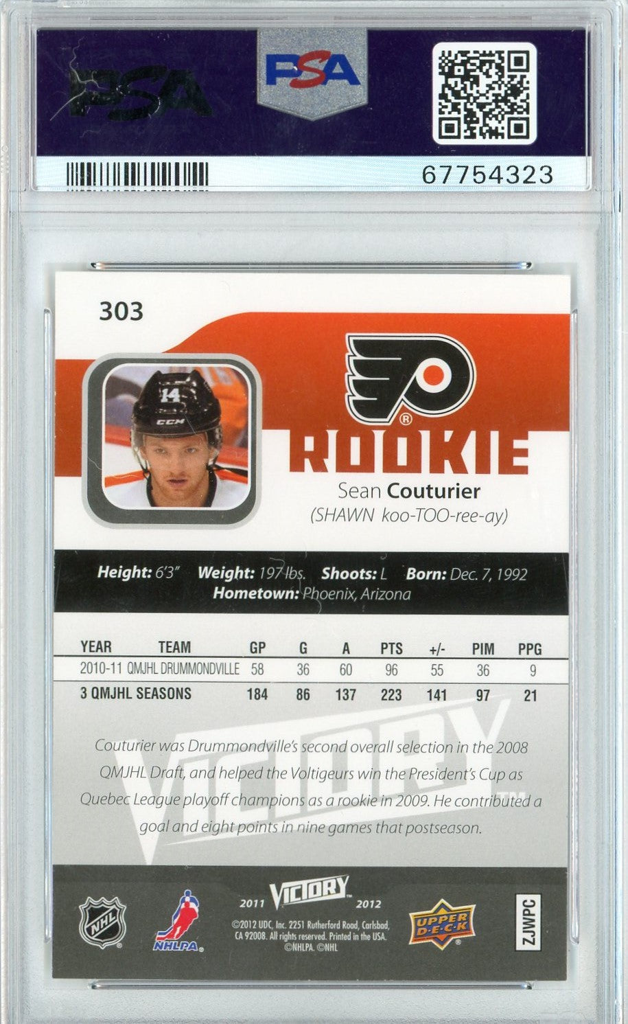 Graded 2011 Upper Deck Victory Sean Couturier #303 Rookie RC Hockey Card PSA 10 Gem Mint