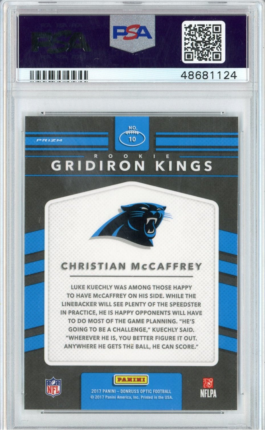 Graded 2017 Panini Donruss Optic Christian McCaffrey #10 Rookie Gridiron Kings Rookie RC Football Card PSA 10 Gem Mint