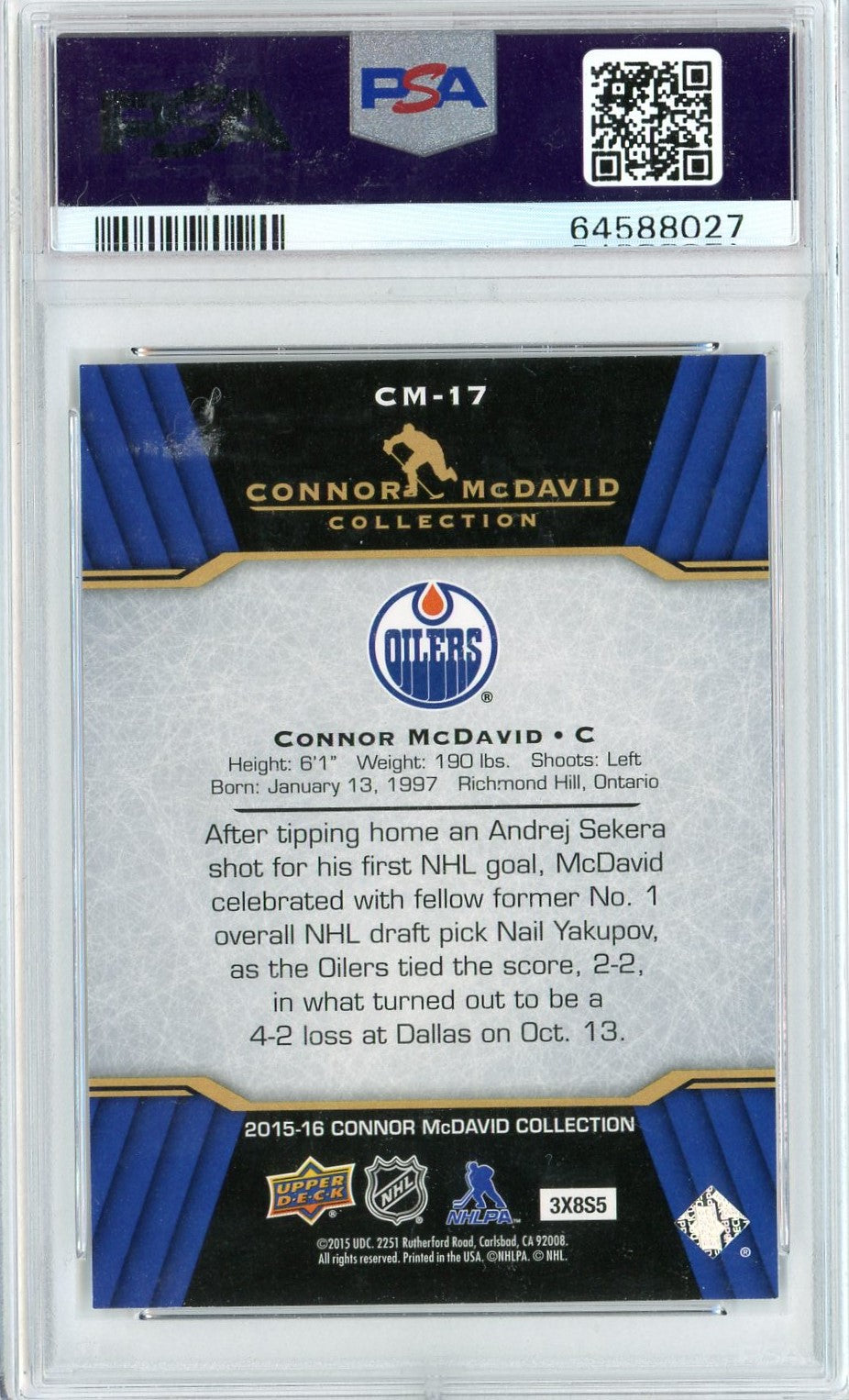 Graded 2015 Upper Deck Connor McDavid #CM-17 Connor McDavid Collection Rookie RC Hockey Card PSA 10 Gem Mint