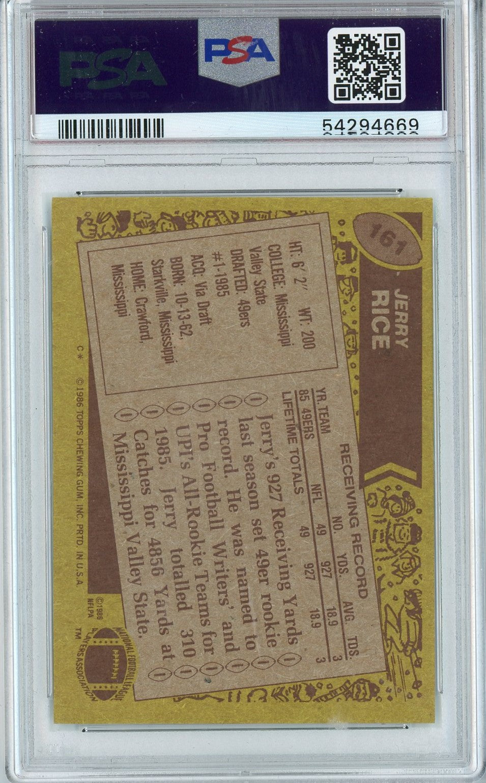 Graded 1986 Topps Jerry Rice #161 Rookie RC Football Card PSA 7 Near Mint