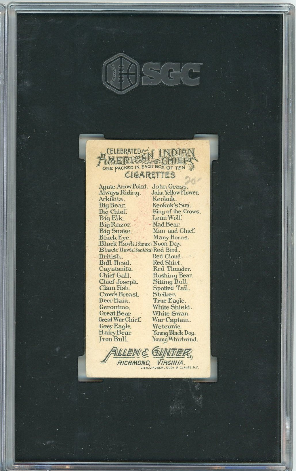 Graded 1888 Allen & Ginter American Indian Chiefs N2 Wetcunie Baseball Tobacco Card SGC 2 Good