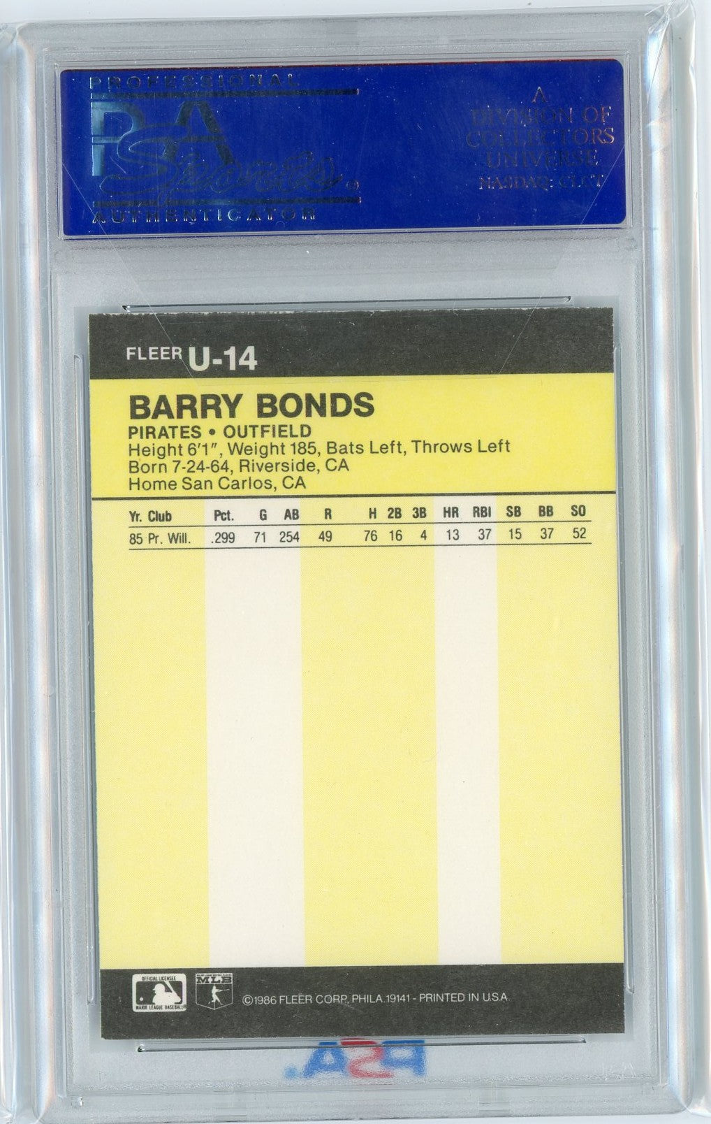 Graded 1986 Fleer Update Barry Bonds #U144444 Rookie RC Baseball Card PSA 8 NM-MT