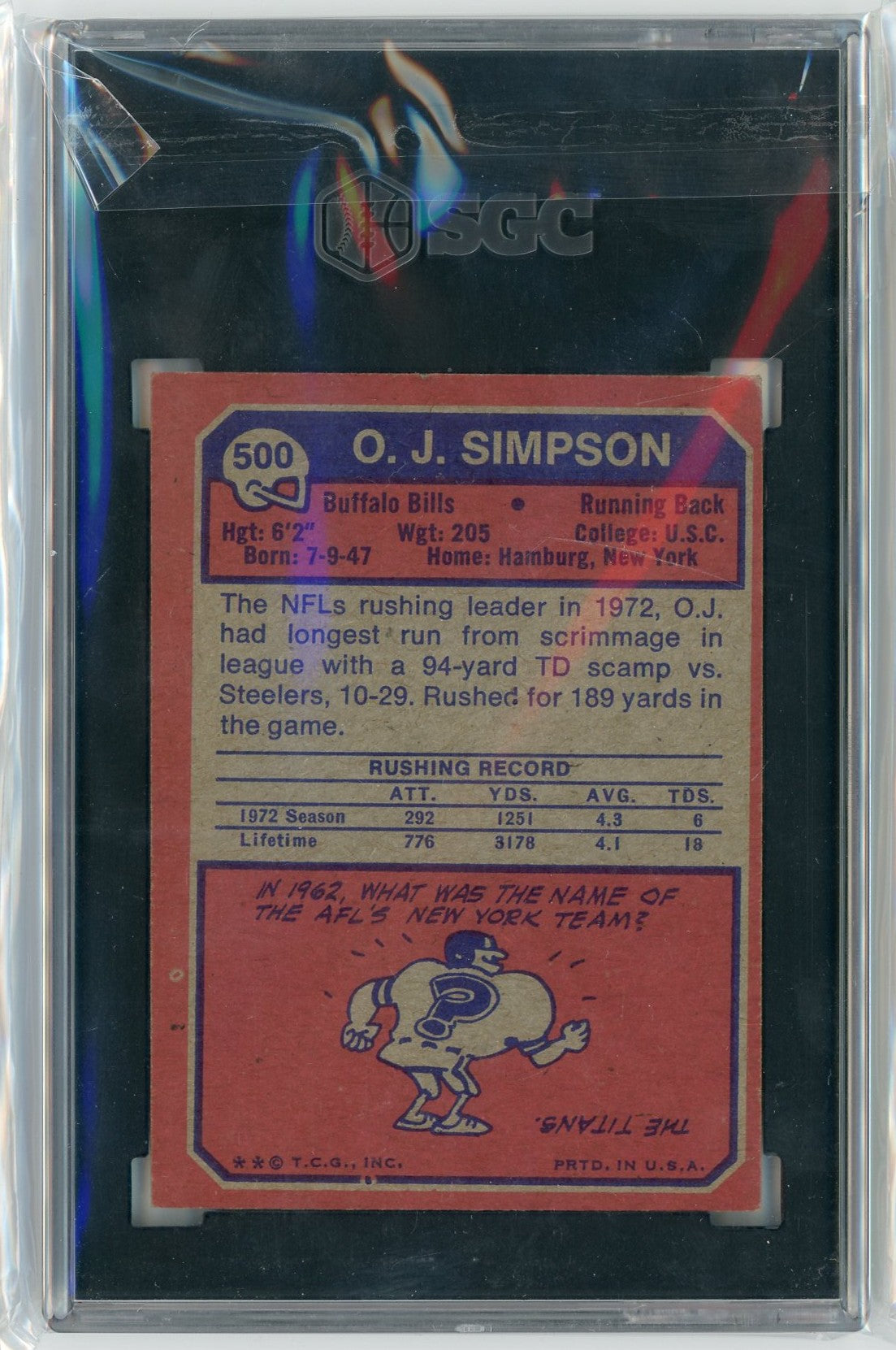 Graded 1973 Topps OJ Simpson #500 Football Card SGC 4 Very Good