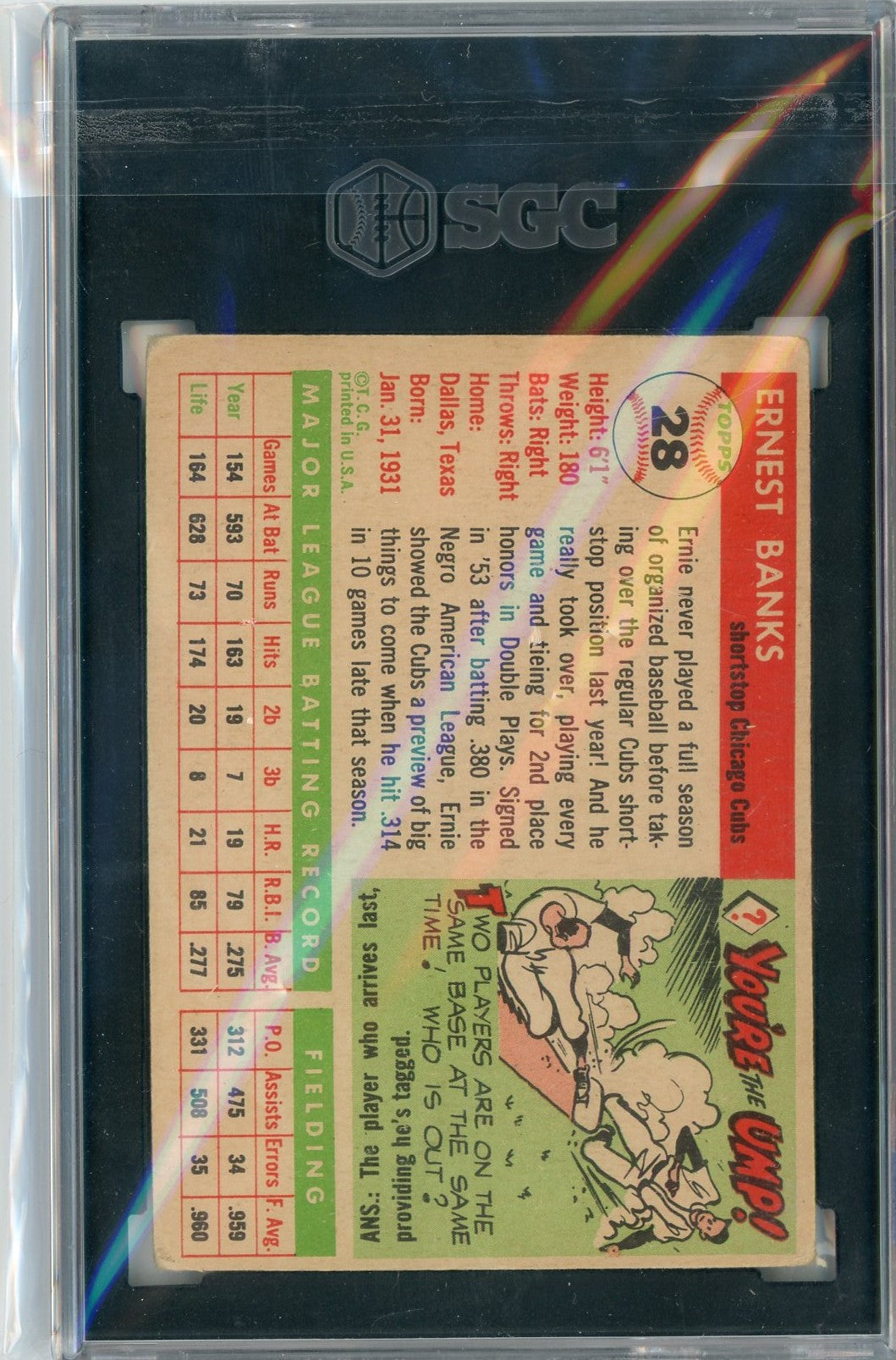 Graded 1955 Topps Ernie Banks #28 2nd Year Baseball Card SGC 2 Good