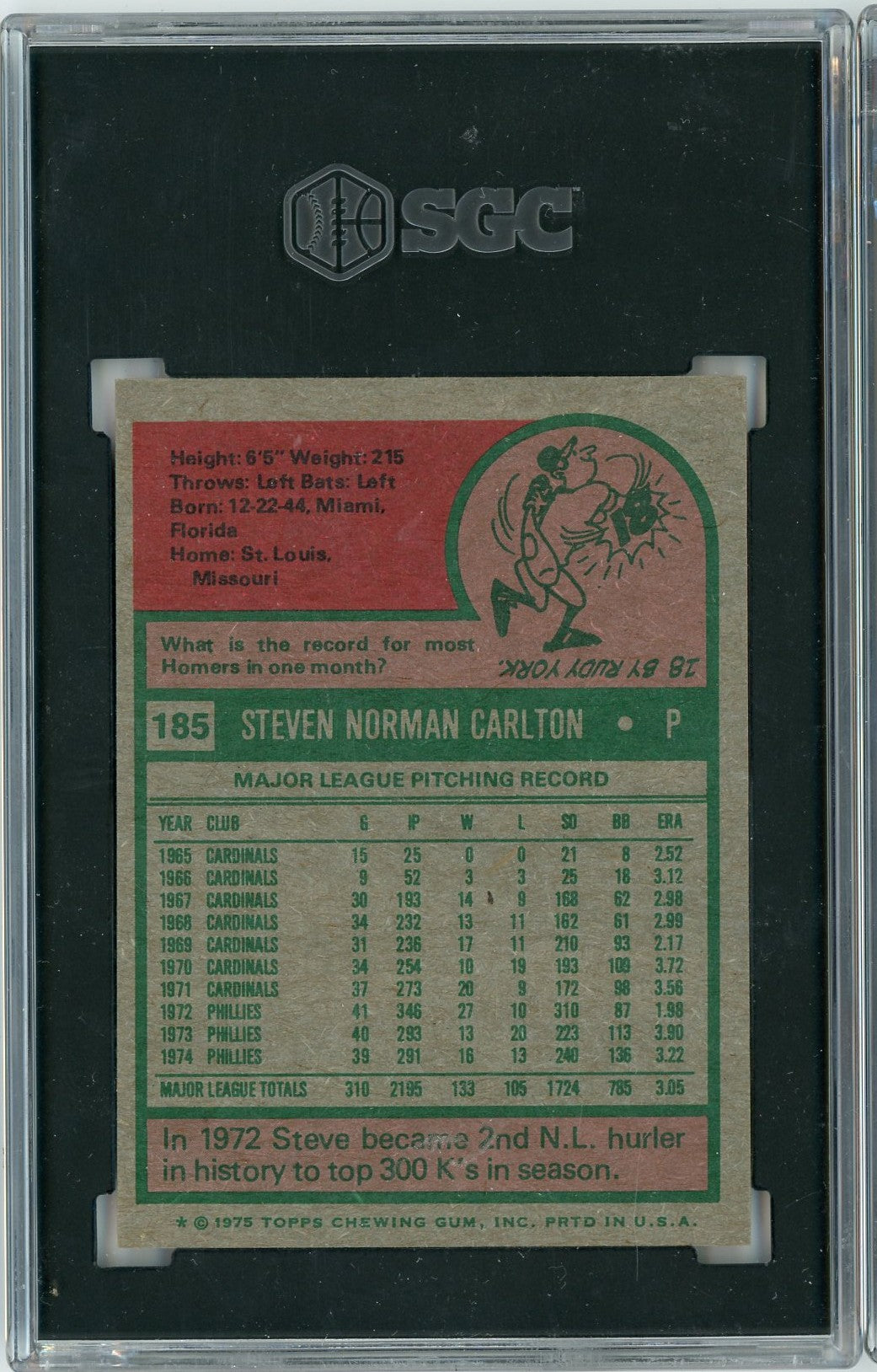 Graded 1975 Topps Steve Carlton #185 Baseball Card SGC 8 NM-MT