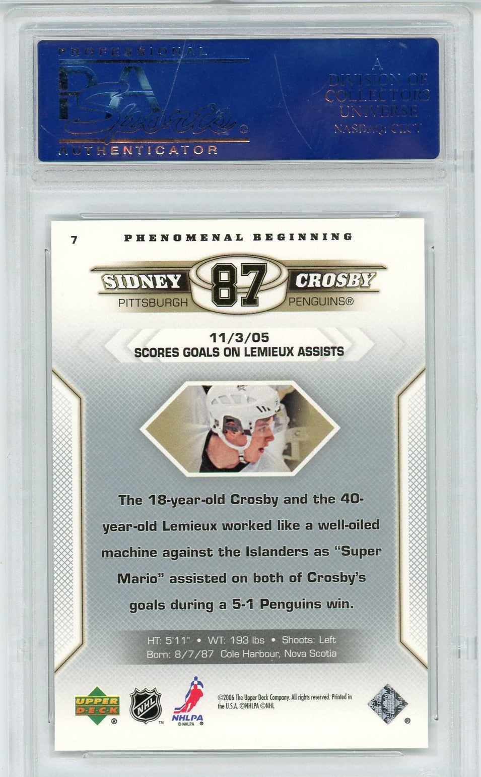 Graded 2005-06 Upper Deck Sidney Crosby #7 Phenomenal Beginnings Rookie RC Hockey Card PSA 10 Gem Mint