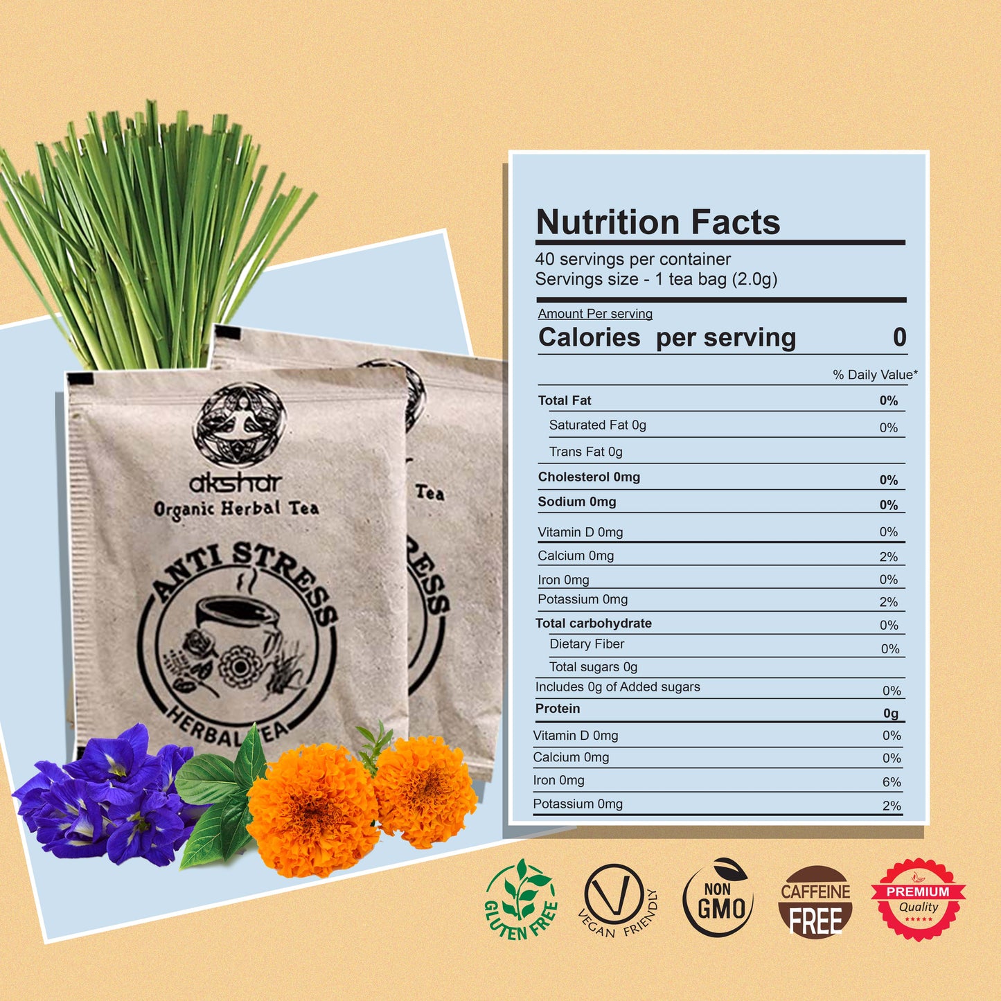 Akshit Natural Anti-Stress Tea (80 Tea Bags), Tulsi Marigold Butterfly Pea Flower Lemongrass Tea Blend , Relax Tea, Caffeine-free, Non-GMO Soothing Tea.