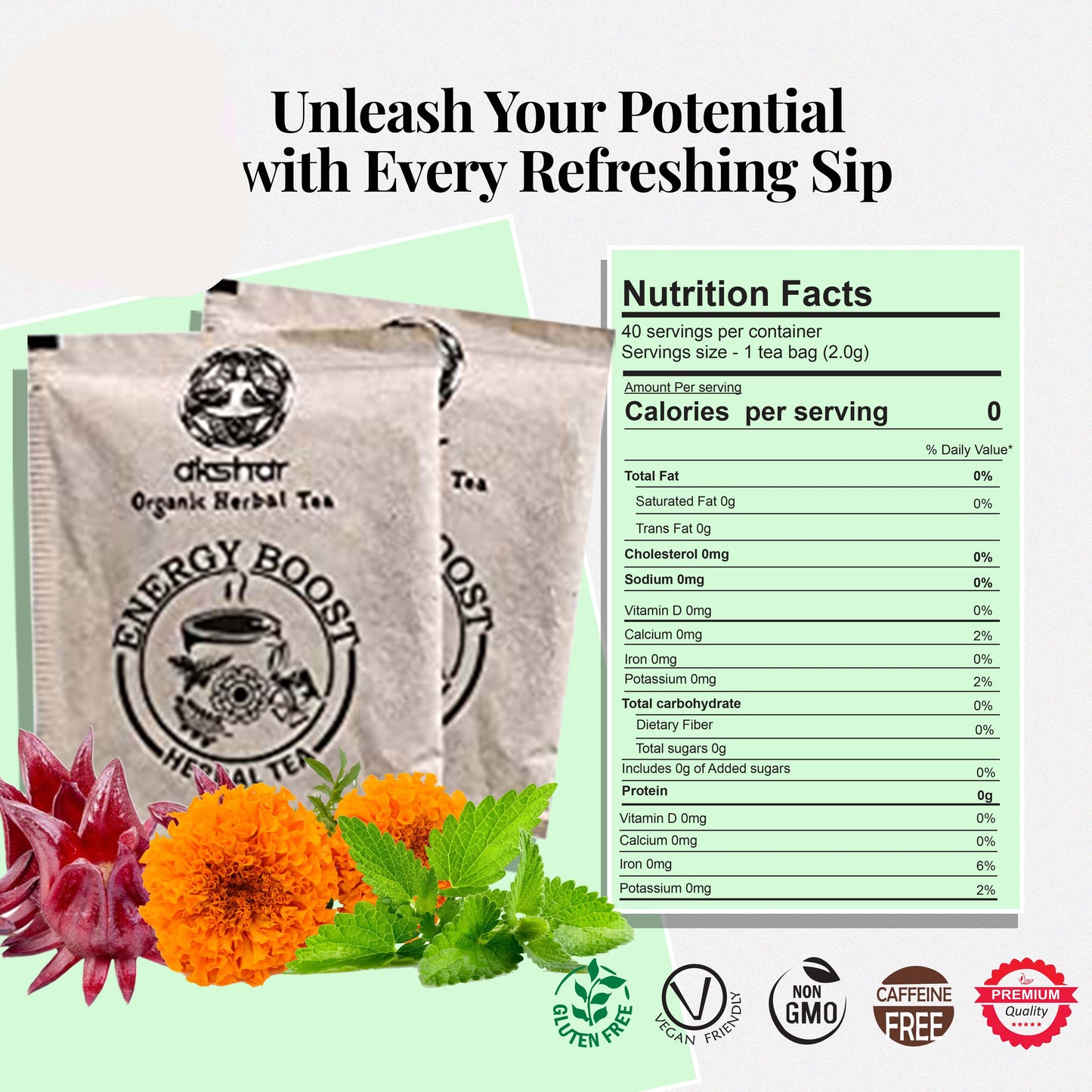 Energy Boost Tea (80 Tea Bags) Blend of Marigold (Calendula Flower) Moringa (Oleifera) Peppermint, Hibiscus Tea Energy Tea Caffeine Free