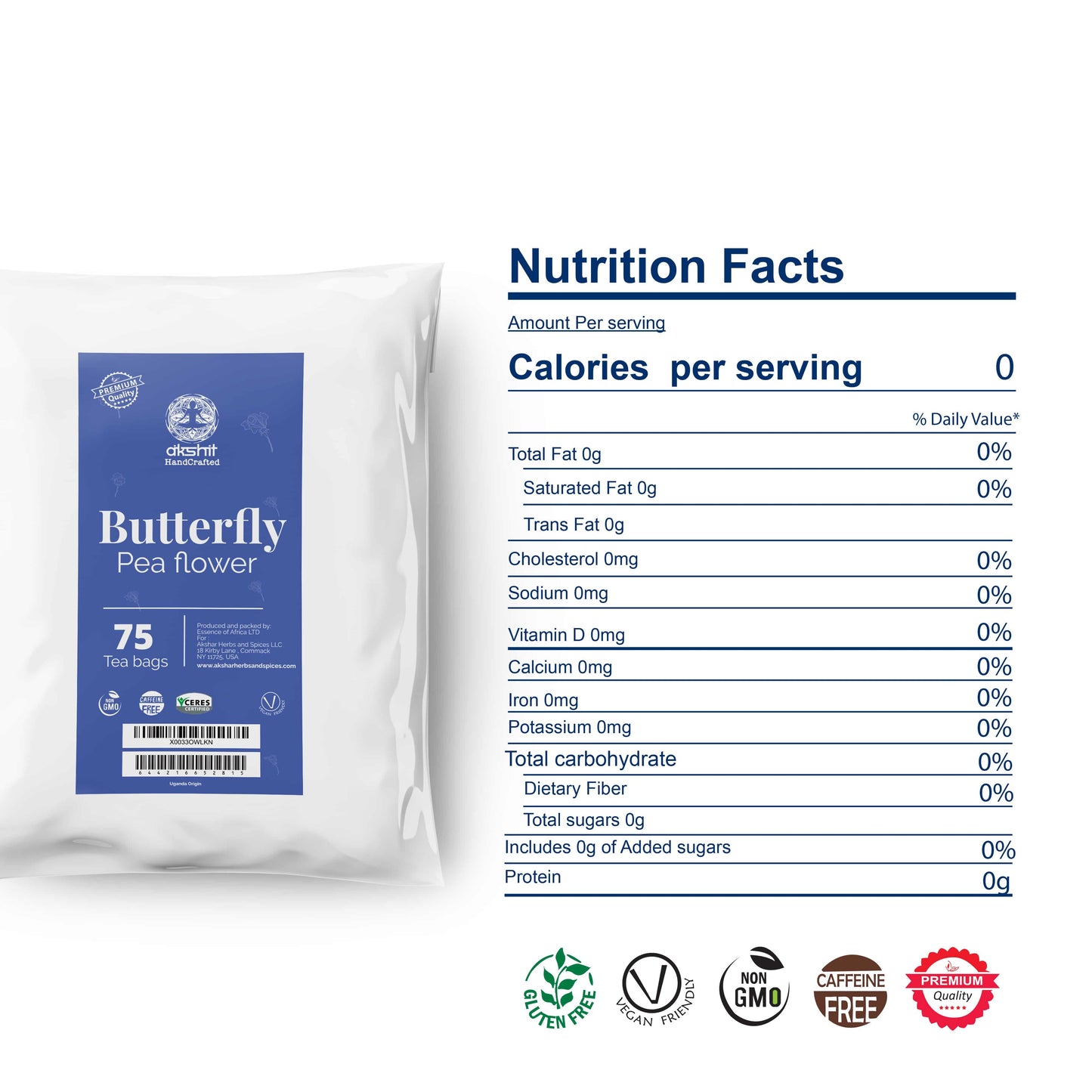 Akshit Butterfly Pea Flower ( Blue Tea ) - 75 Tea Bags, Natural Dried Butterfly Pea Flowers, Caffeine-Free, NON-GMO