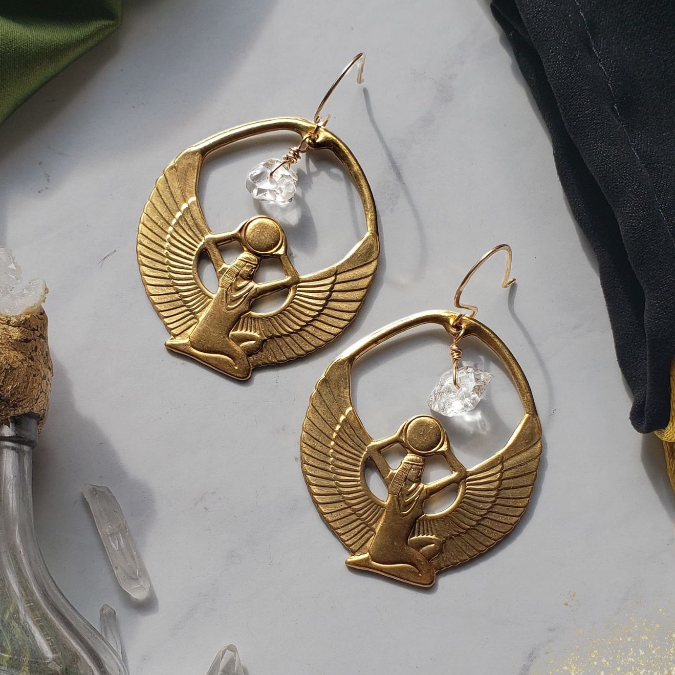 Brass Isis and Herkimer Earrings