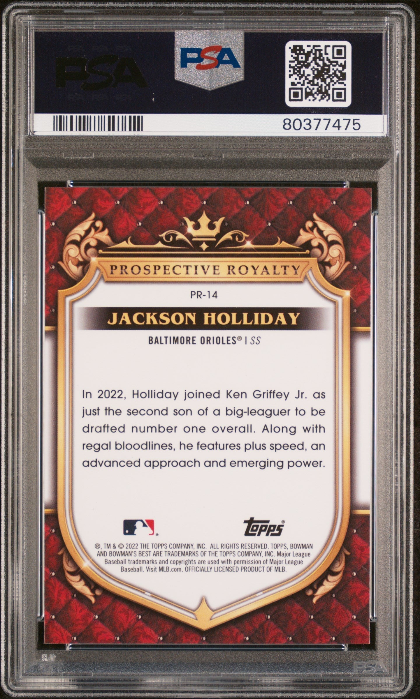 Graded 2022 Topps Bowmans Best Jackson Holliday #PR14 Prospective Royalty Rookie RC Baseball Card PSA 10 Gem Mint
