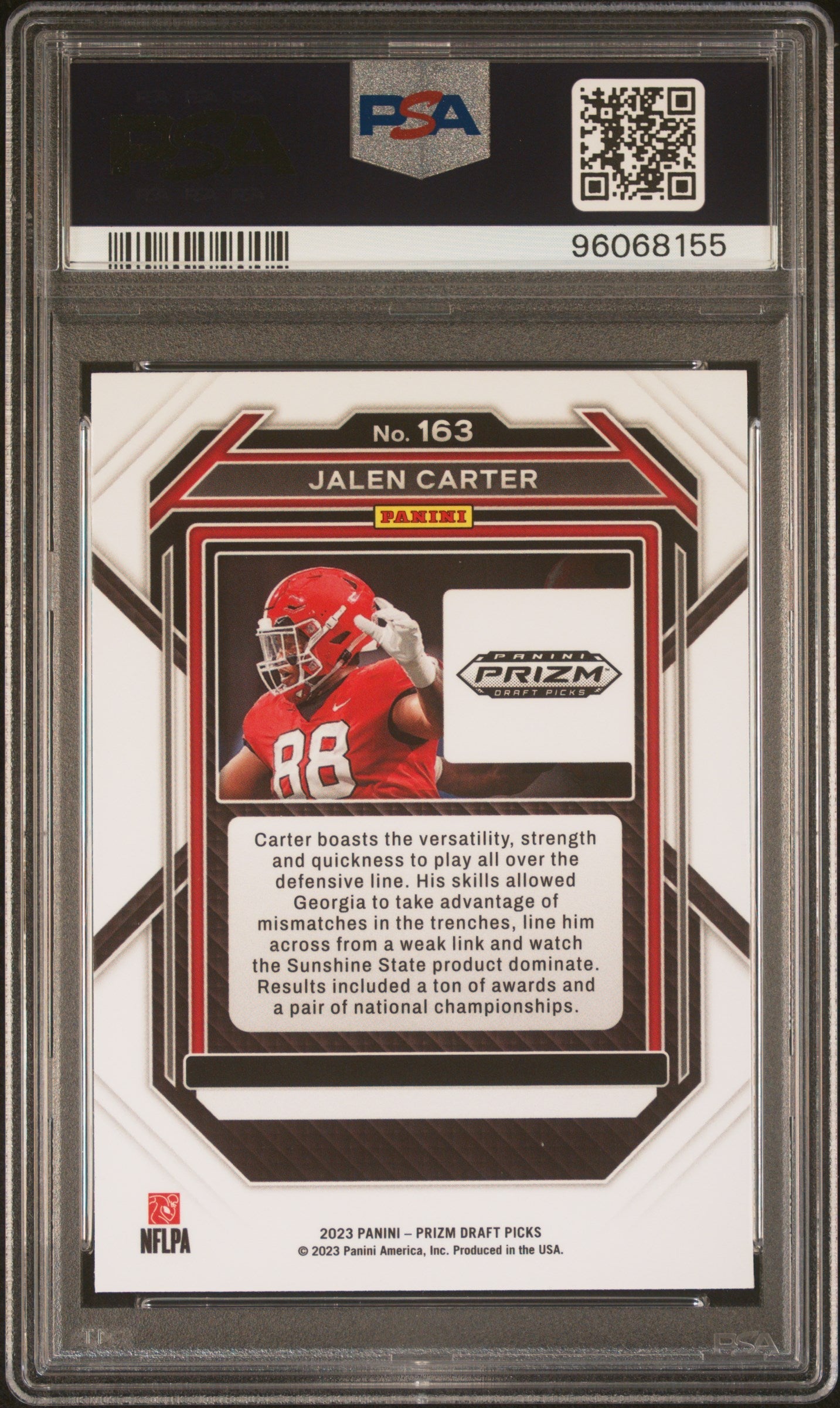 Graded 2023 Panini Draft Picks Jalen Carter #163 Rookie RC Football Card PSA 10 Gem Mint