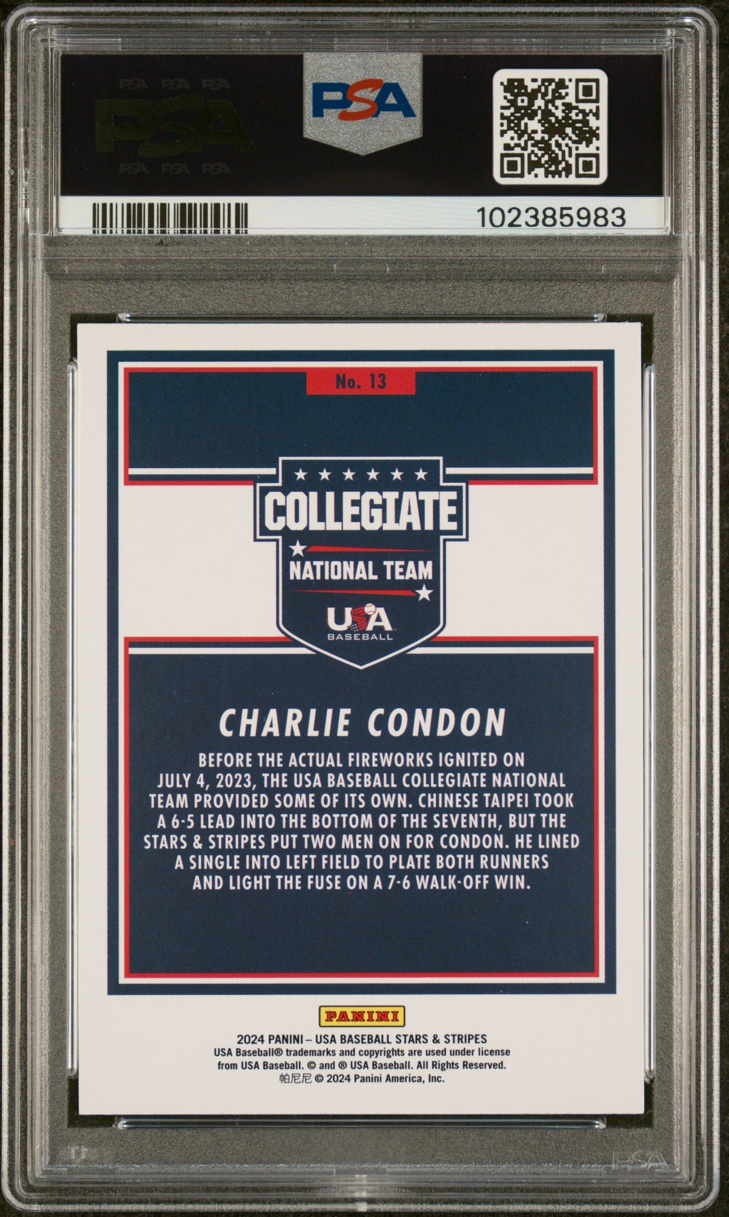 Graded 2024 Panini Stars & Stripes USA Charlie Condon #13 Rookie RC Baseball Card PSA 10 Gem Mint