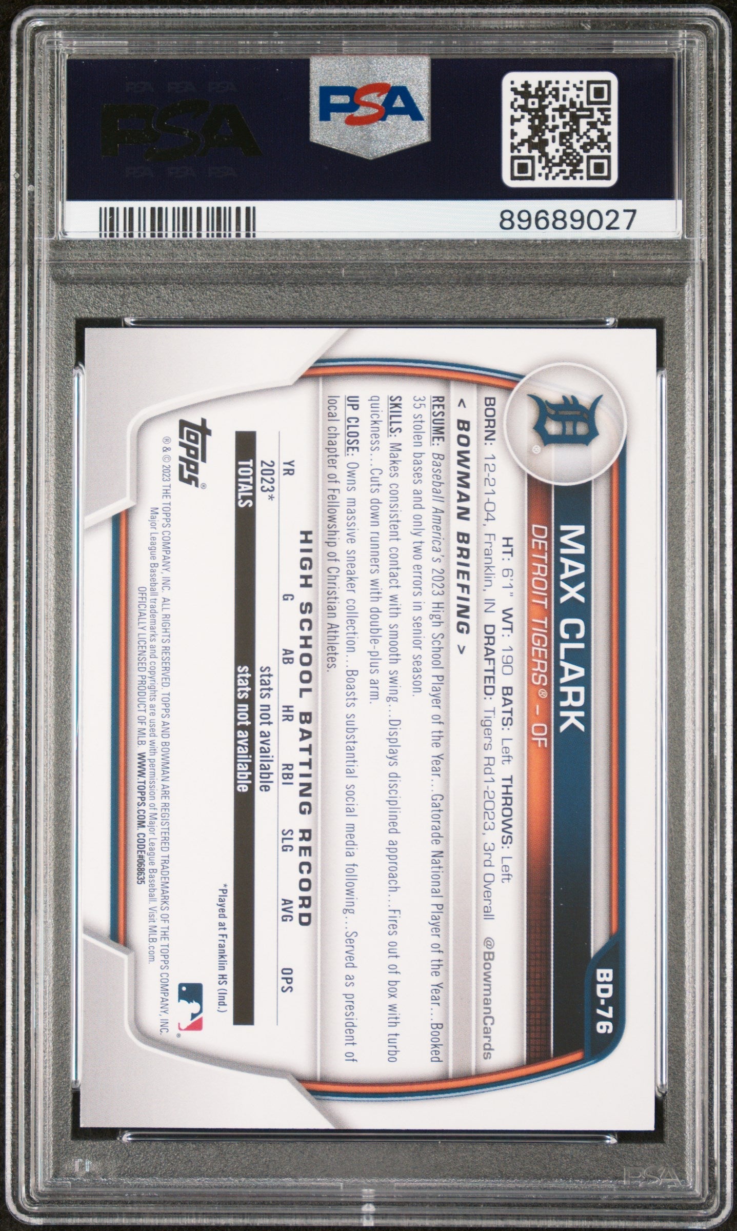 Graded 2023 Topps Bowman Draft Max Clark #BD76 Rookie RC Baseball Card PSA 10 Gem Mint
