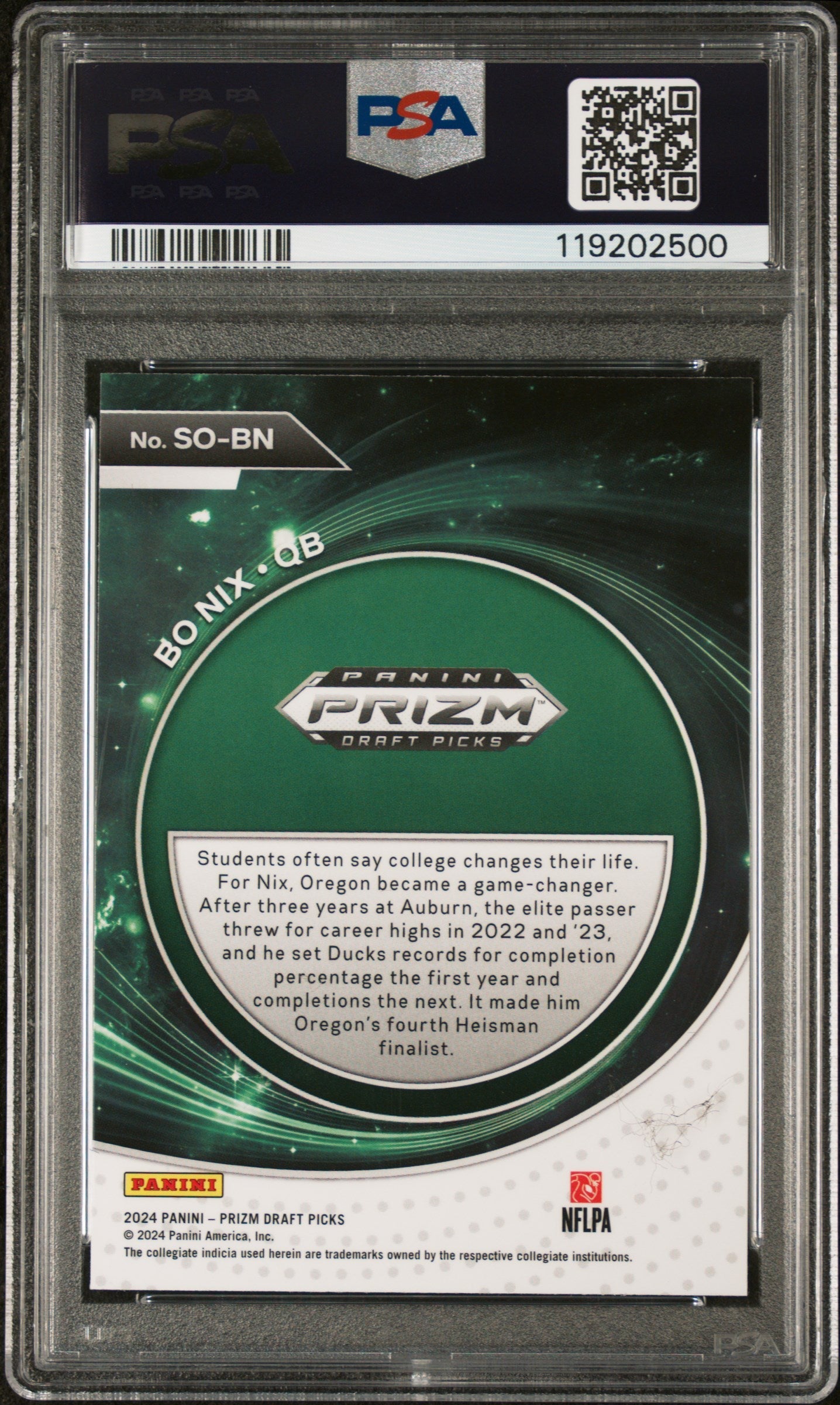 Graded 2024 Panini Prizm Draft Picks Bo Nix #SOBN Student Orientation Rookie RC Football Card PSA 10 Gem Mint