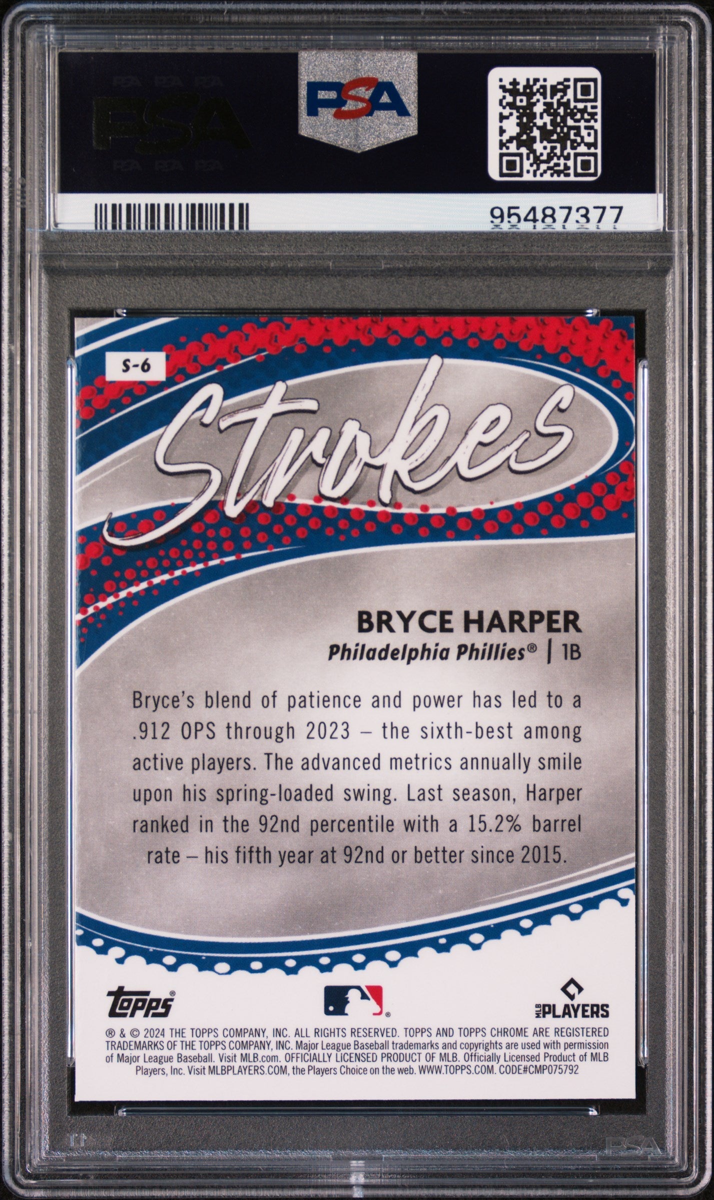 Graded 2024 Topps Chrome Bryce Harper #S6 Strokes Baseball Card PSA 10 Gem Mint