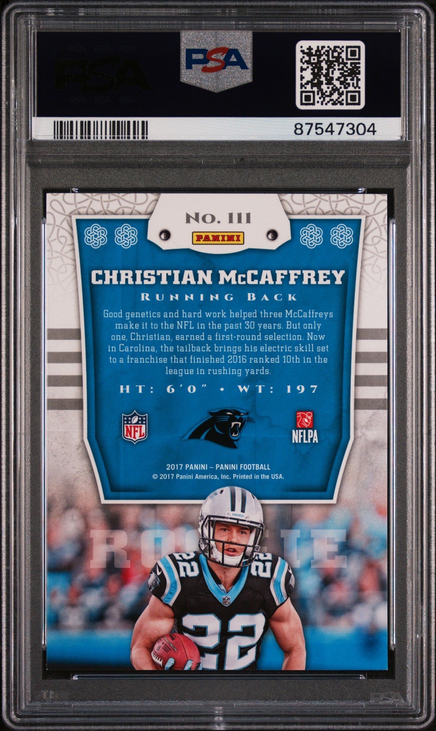 Graded 2017 Panini Christian McCaffrey #111 Rookie RC Football Card PSA 9 Mint
