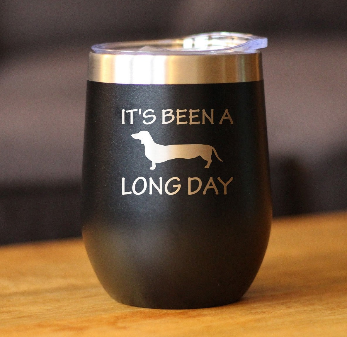Been a Long Day - Dachshund Wine Tumbler with Sliding Lid - Stemless Stainless Steel Insulated Cup - Cute Funny Gift for Coworkers or Boss