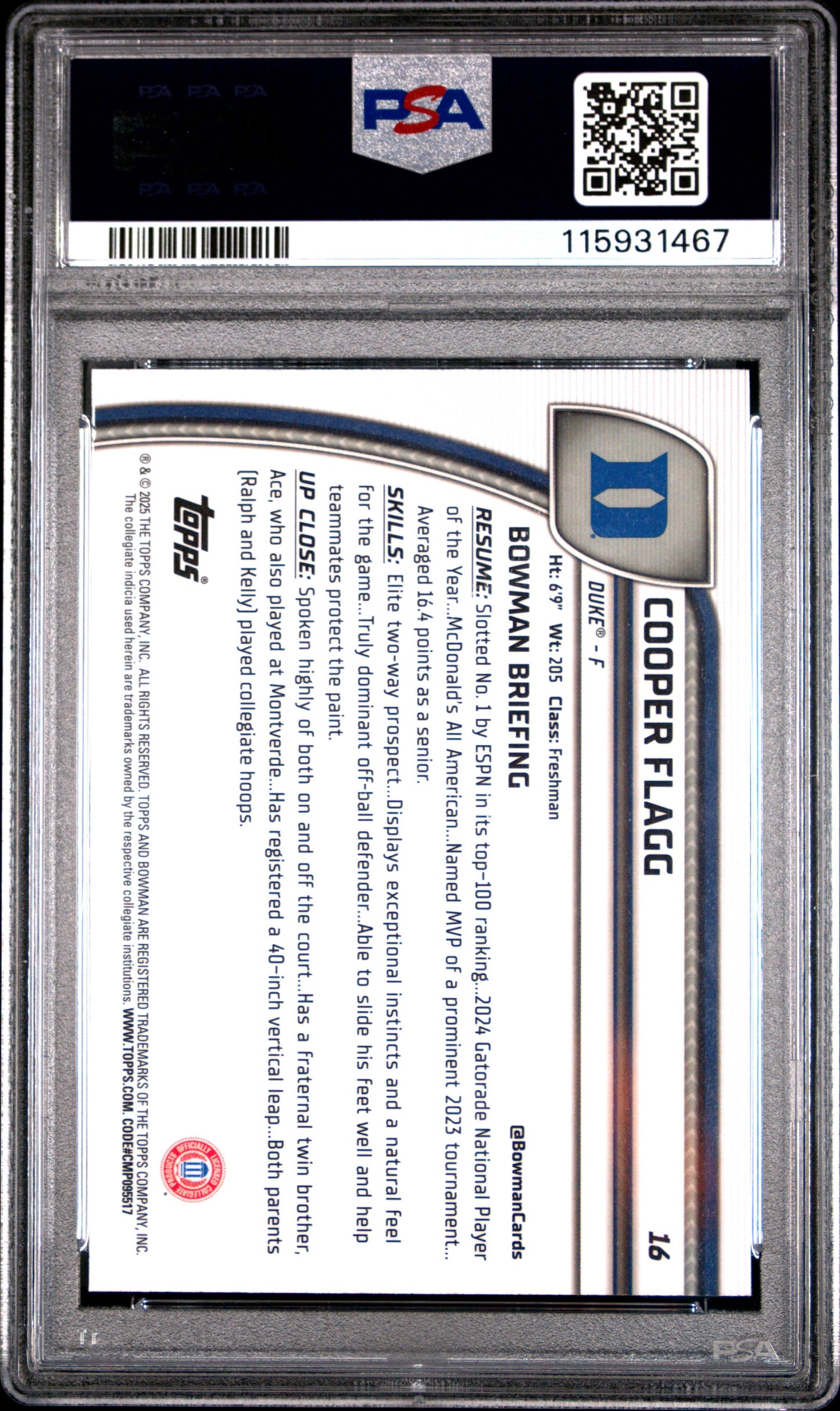 Graded 2024 Topps Bowman Chrome U Cooper Flagg #16 Rookie RC Basketball Card PSA 9 Mint