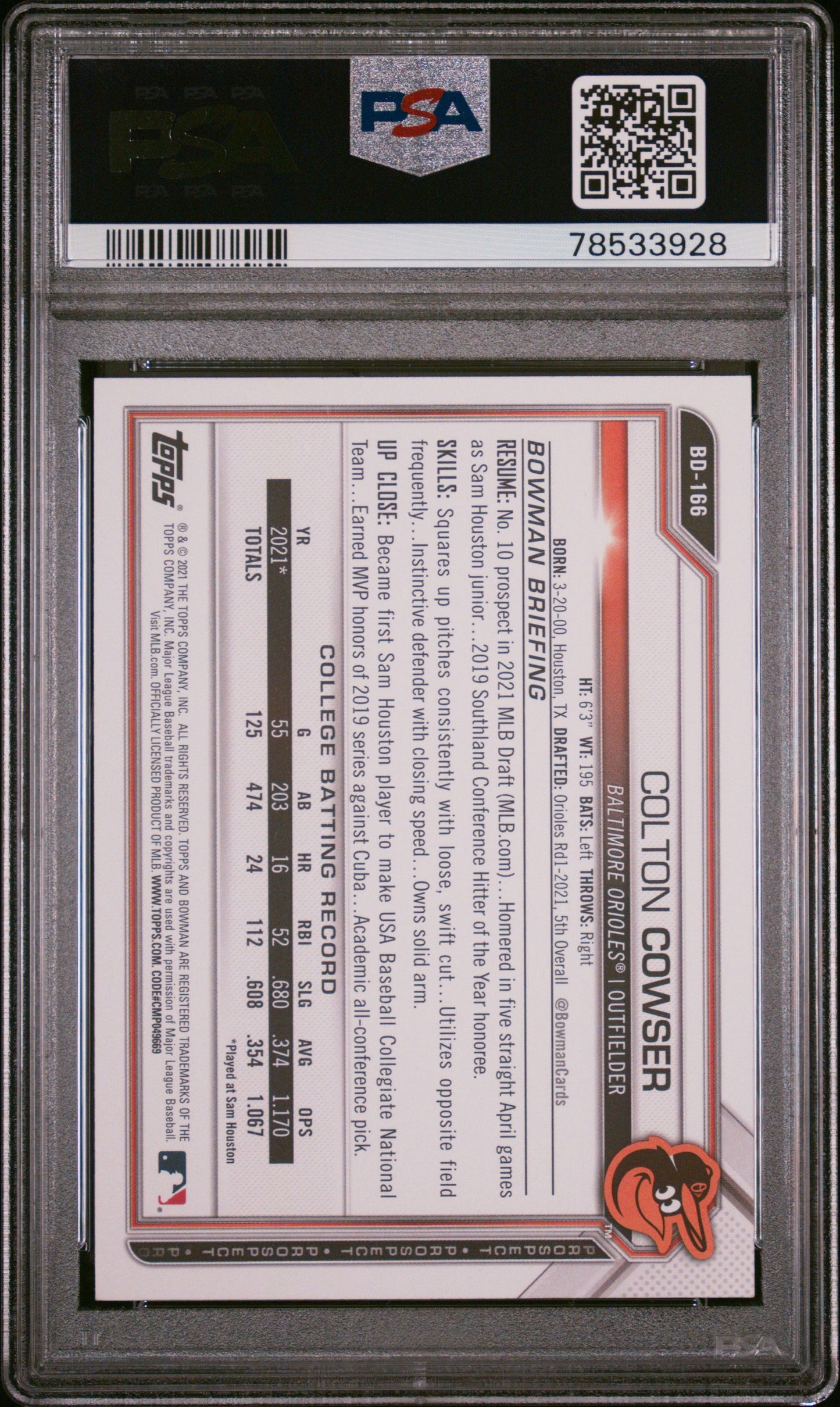 Graded 2021 Topps Bowman Draft Colton Cowser #BD166 Rookie RC Baseball Card PSA 10 Gem Mint