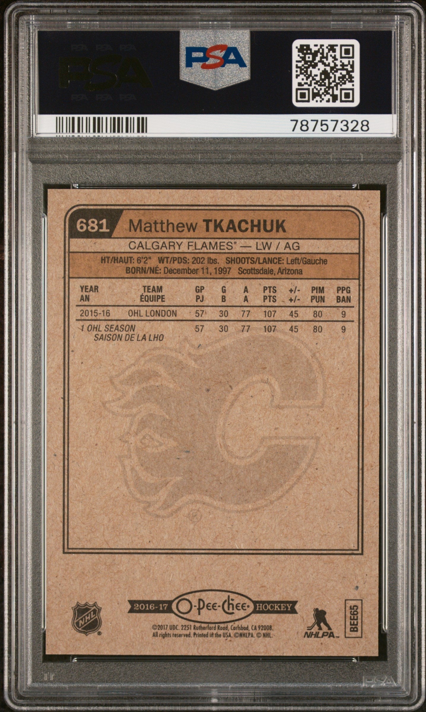 Graded 2016 UD O-Pee-Chee Matthew Tkachuk #681 Update Rookie RC Hockey Card PSA 10 Gem Mint