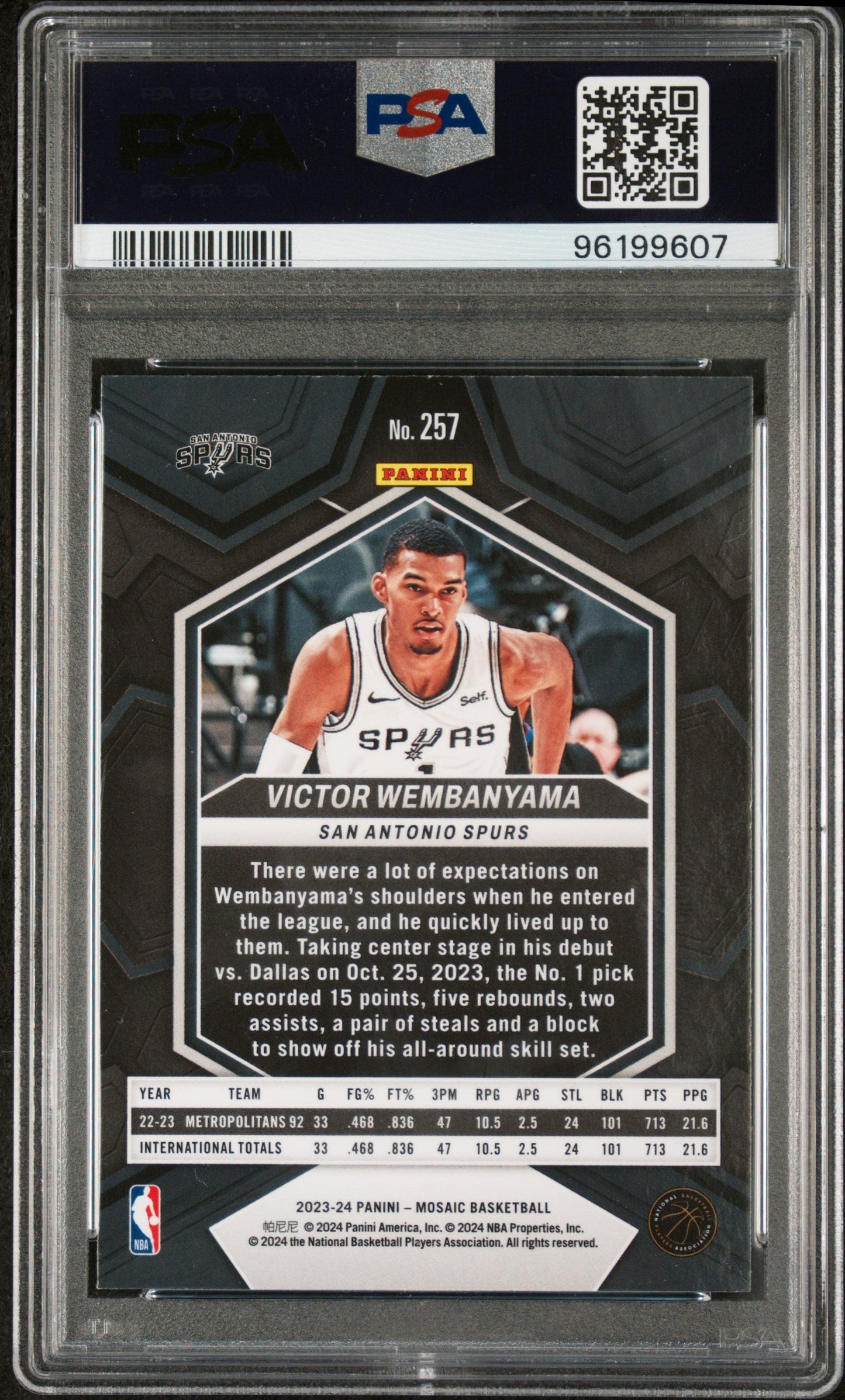 Graded 2023 Panini Mosaic Victor Wembanyama #257 Rookie RC Basketball Card PSA 10 Gem Mint