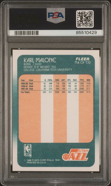 Graded 1988 Fleer Karl Malone #114 Basketball Card PSA 9 Mint