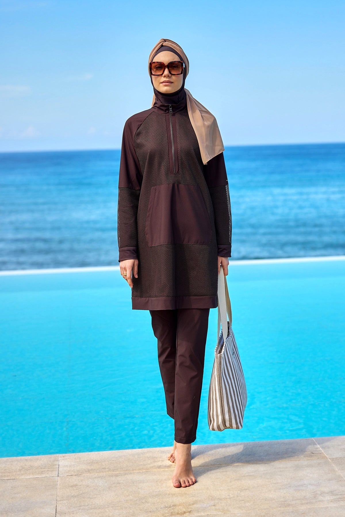Brown Full Coverage Tulle Detail Modest Swimwear Burkini Set M2534-4