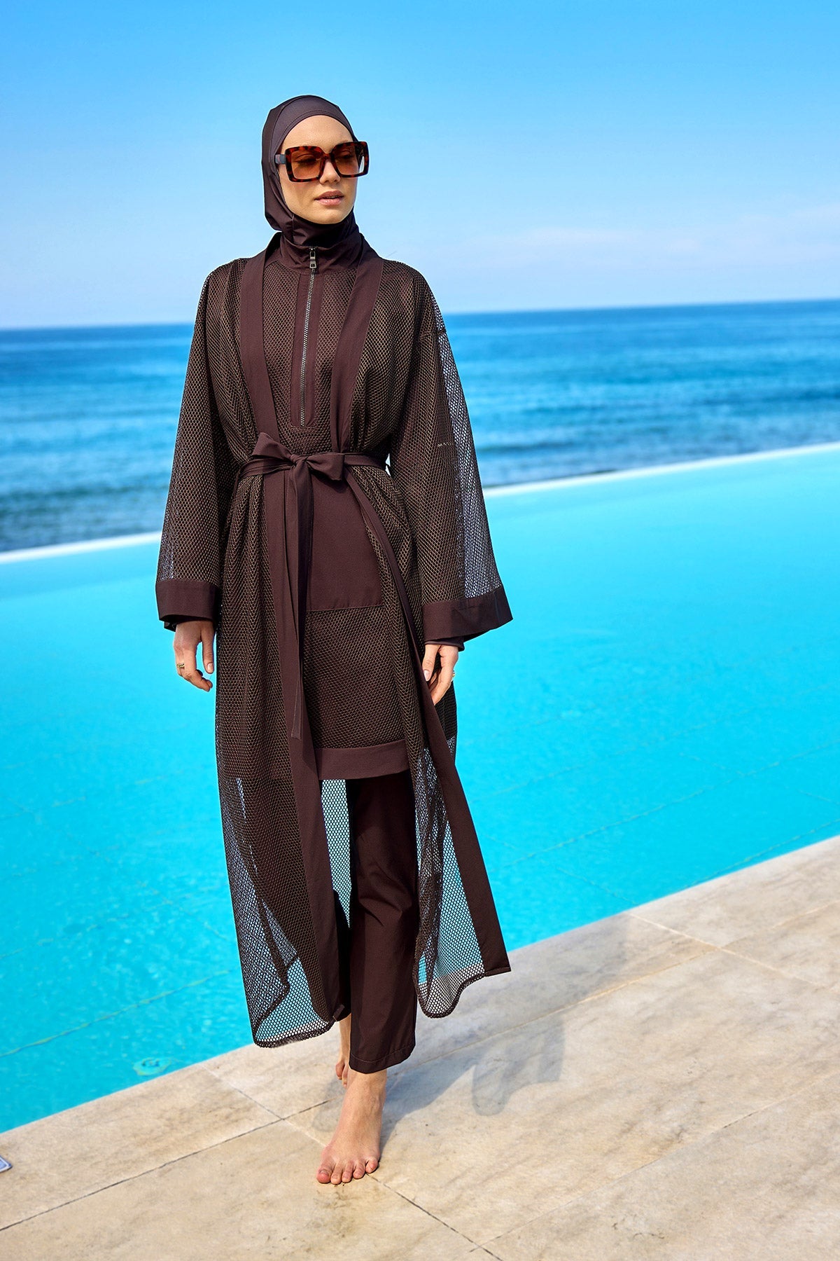 Brown Full Coverage Tulle Detail Modest Swimwear Burkini Set M2534-4