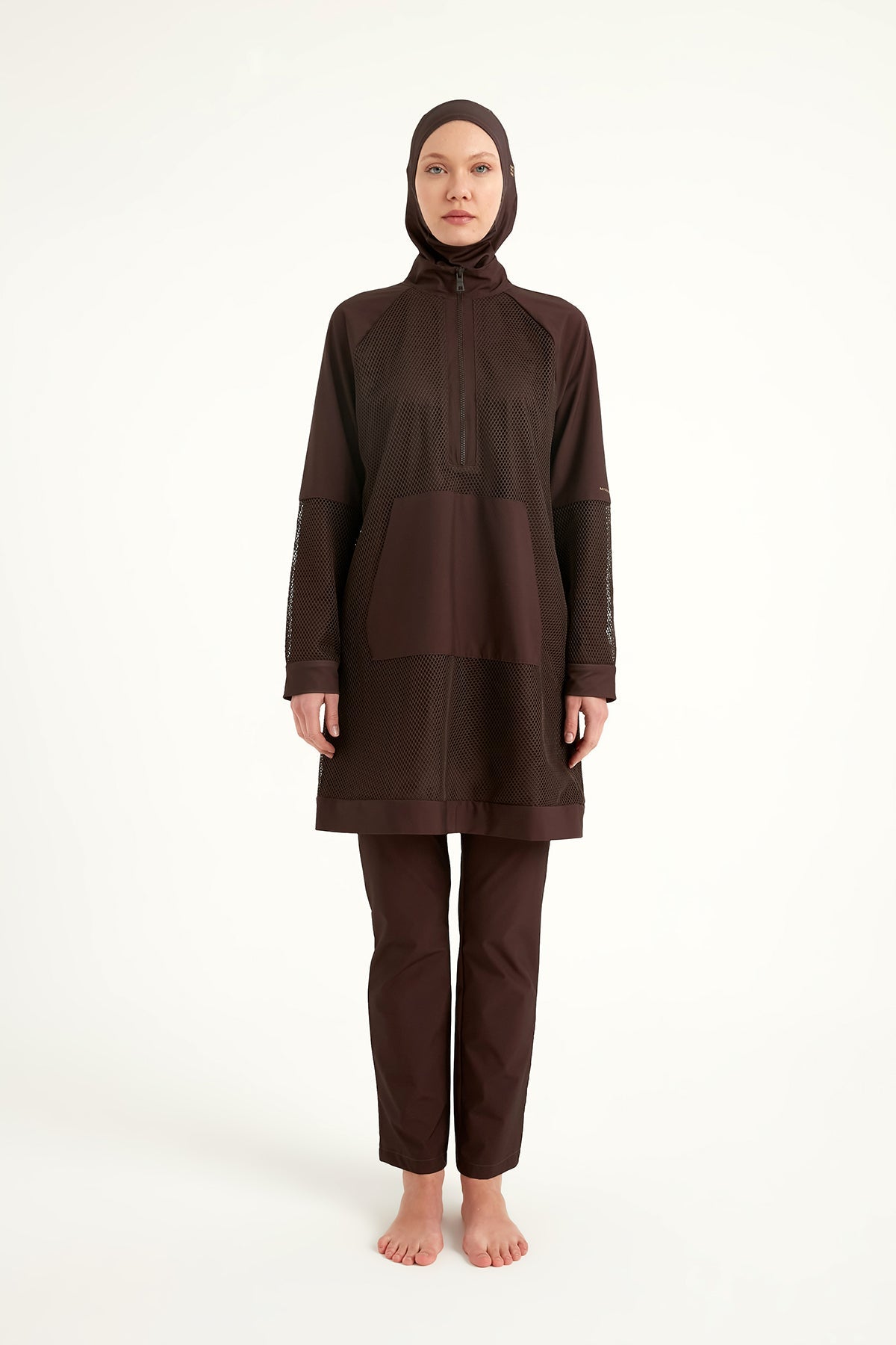 Brown Full Coverage Tulle Detail Modest Swimwear Burkini Set M2534-4