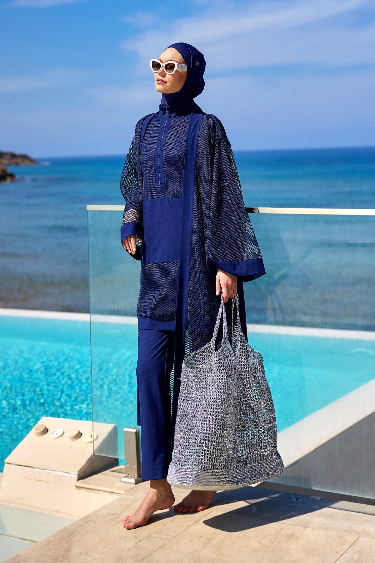 Navy Full Length Modest Mesh Kimono – Lightweight Islamic Swim Cover P2501-2