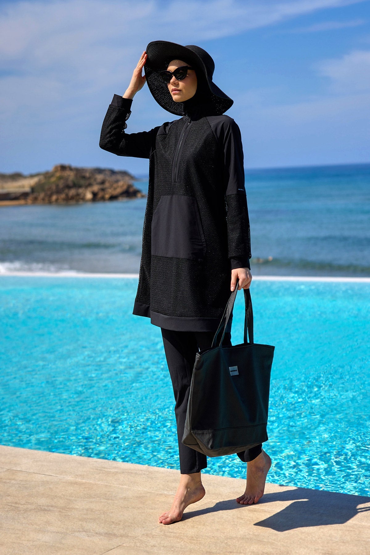 Black Tulle Detail Full Coverage Swimwear Burkini M2534-1
