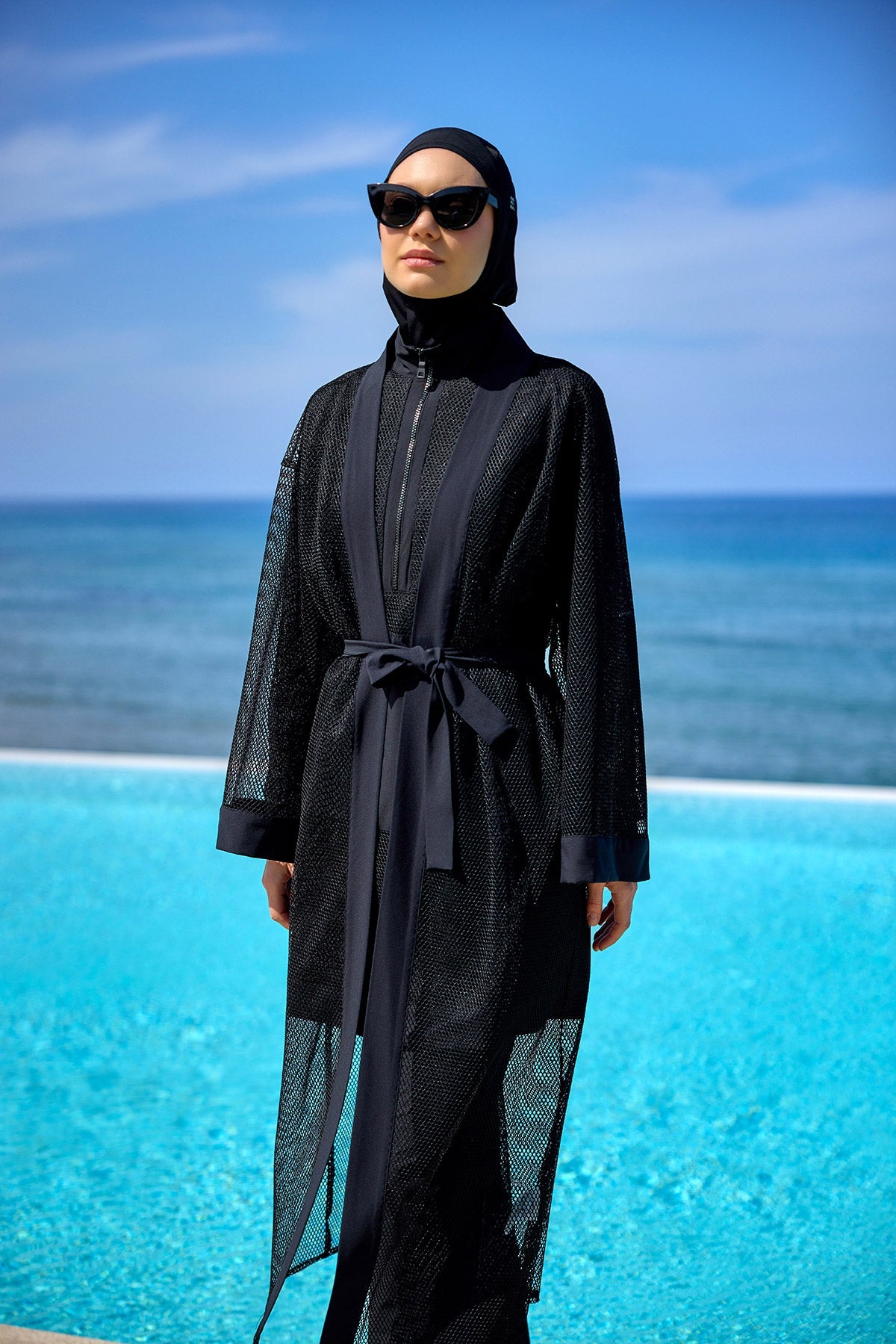 Black Tulle Detail Full Coverage Swimwear Burkini M2534-1