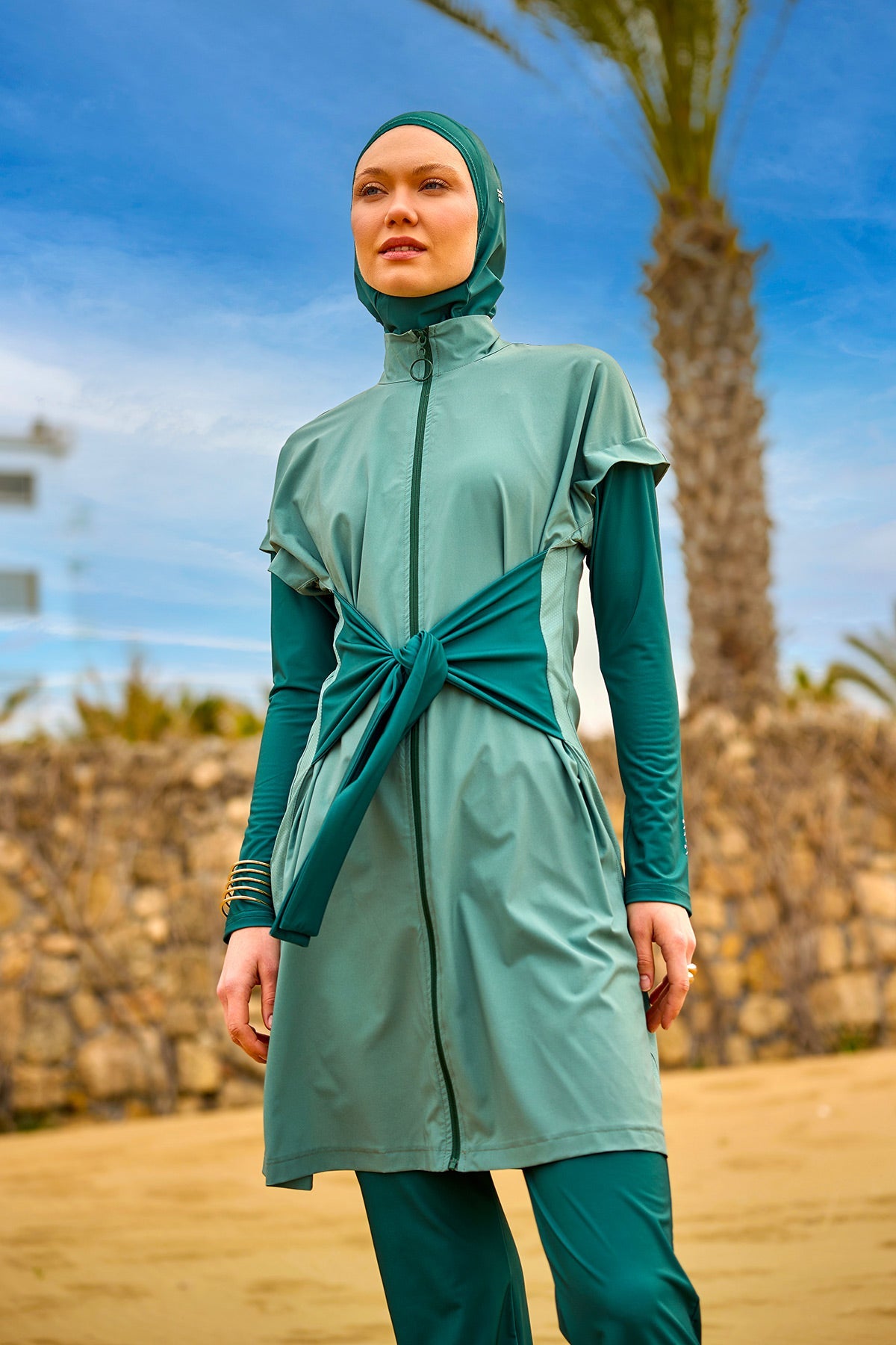 Olive Modest Burkini Set – High Collar Full Coverage Swimwear M2523-1