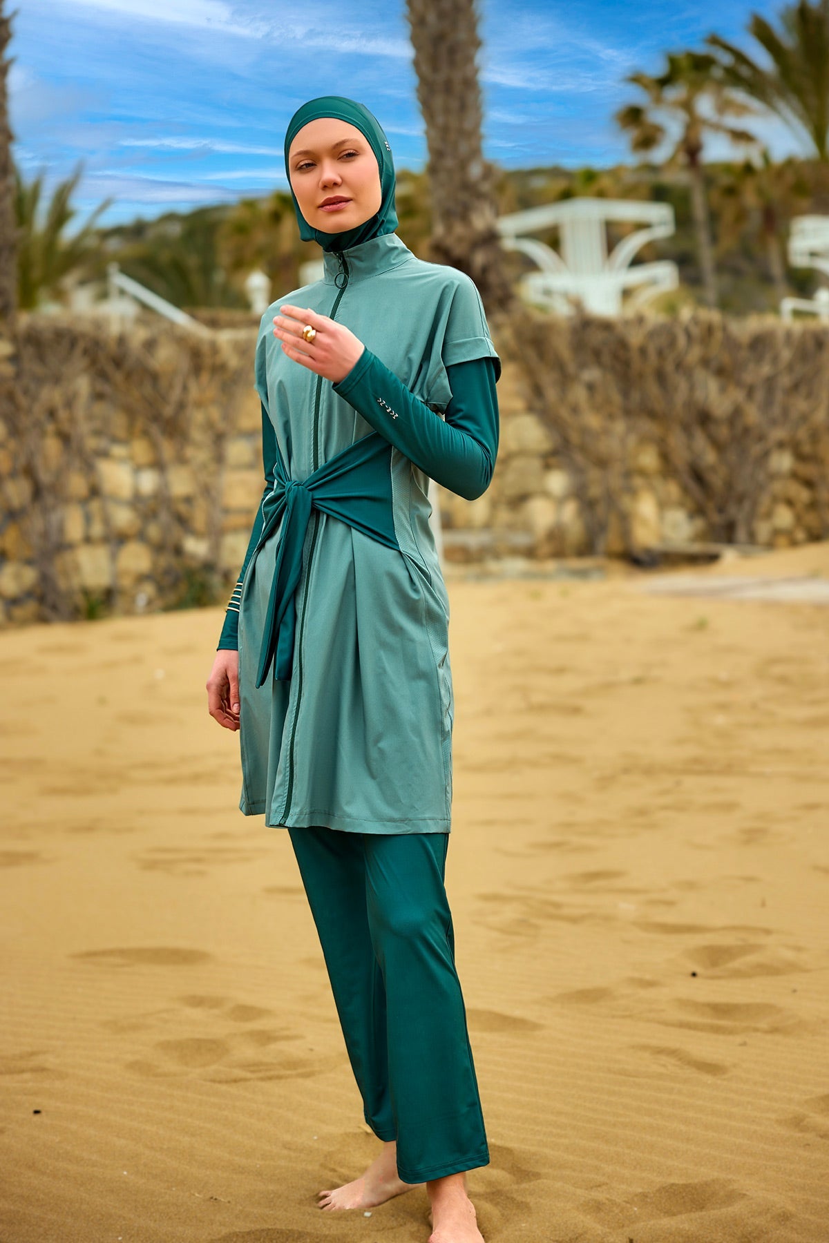 Olive Modest Burkini Set – High Collar Full Coverage Swimwear M2523-1
