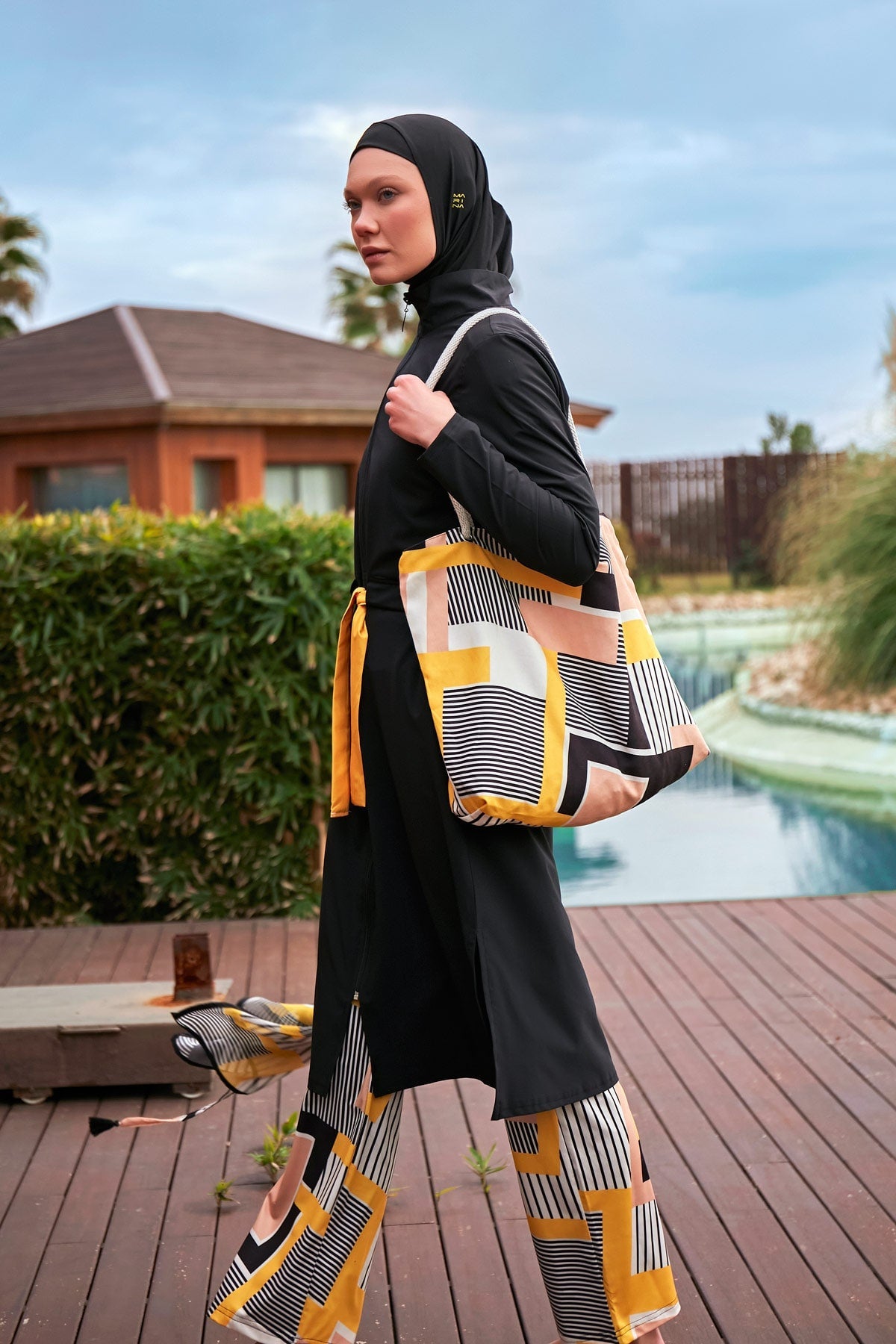 Woven Black Burkini Modest Swimwear M2422