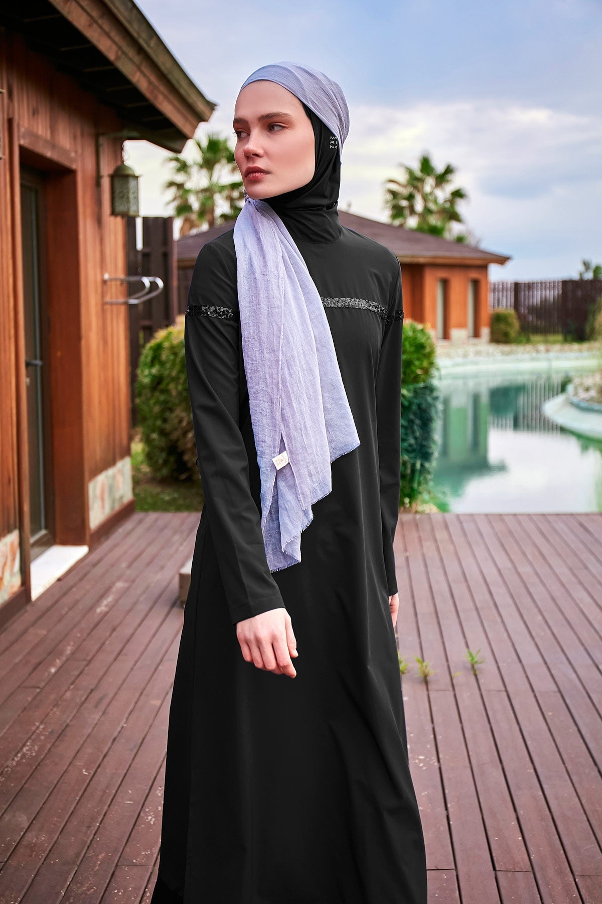 Woven Black Burkini Modest Swimwear M2433