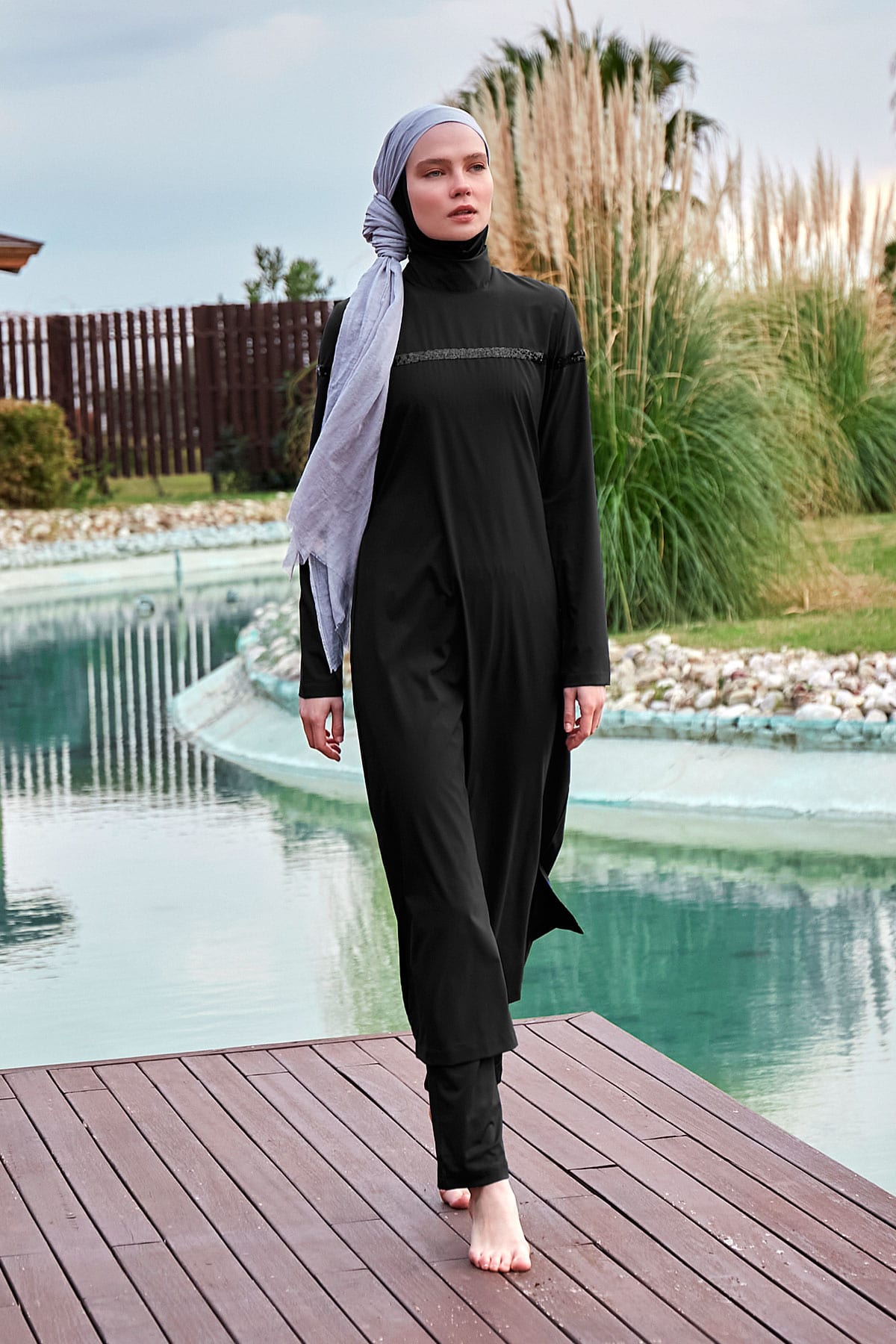 Woven Black Burkini Modest Swimwear M2433