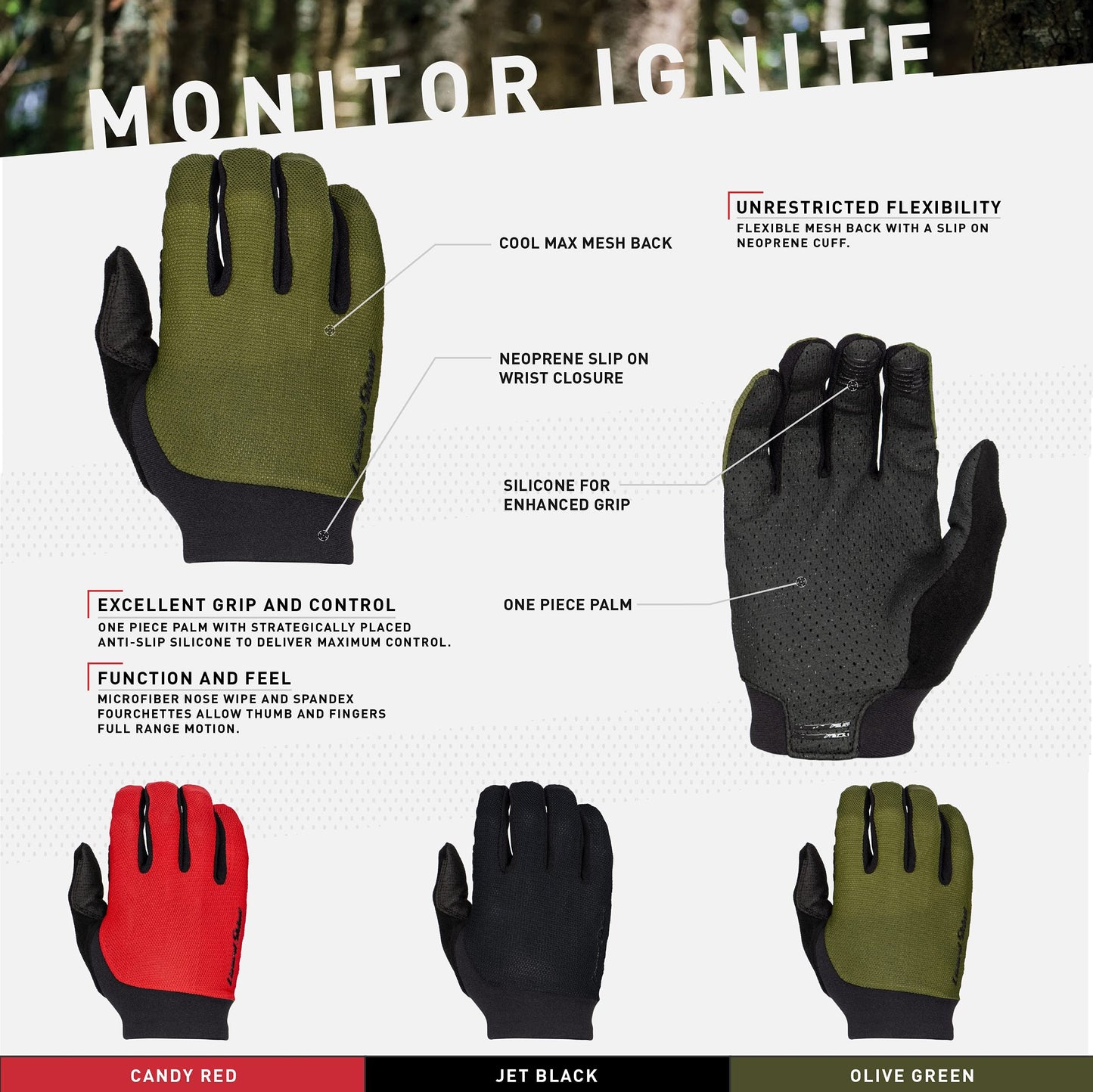 Lizard Skins Monitor Ignite Long Finger Cycling Gloves – Olive Green (XS, S)
