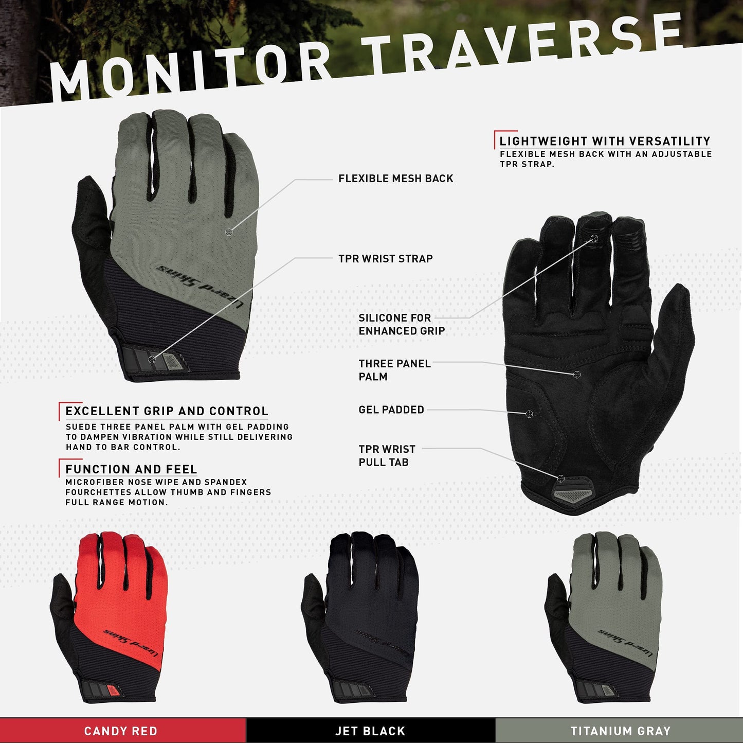 Lizard Skins Monitor Traverse Unisex Cycling Gloves – Long Finger Bike Gloves – 3 Colors