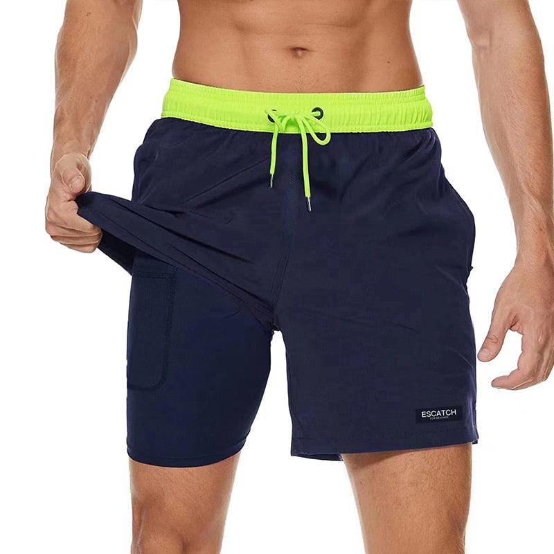 Men's Swimming Trunks with Compression Liner 2 in 1 Quick-Dry Gym Sports Shorts Swim Shorts with Pockets Beach Swimming Trunks Quick Dry Swim Shorts with Pockets