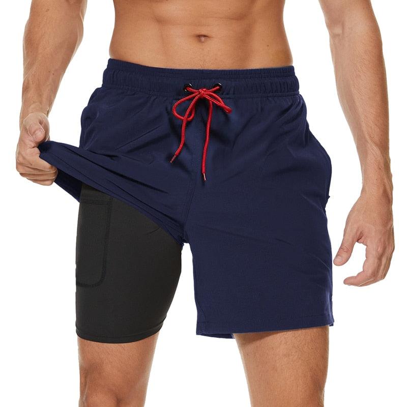 Men's Swimming Trunks with Compression Liner 2 in 1 Quick-Dry Gym Sports Shorts Swim Shorts with Pockets Beach Swimming Trunks Quick Dry Swim Shorts with Pockets