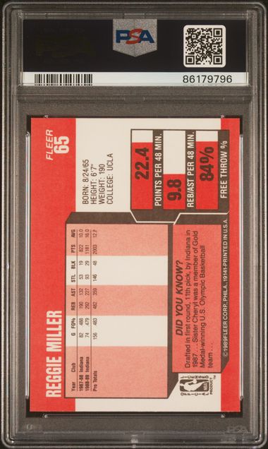 Graded 1989 Fleer Reggie Miller #65 2nd Year Basketball Card PSA 10 Gem Mint
