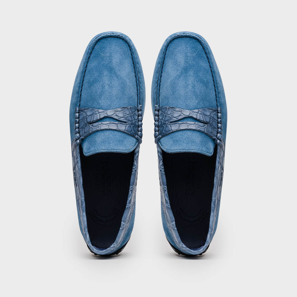31-160-DNM MONZA Sueded Calfskin with Crocodile Driver Denim