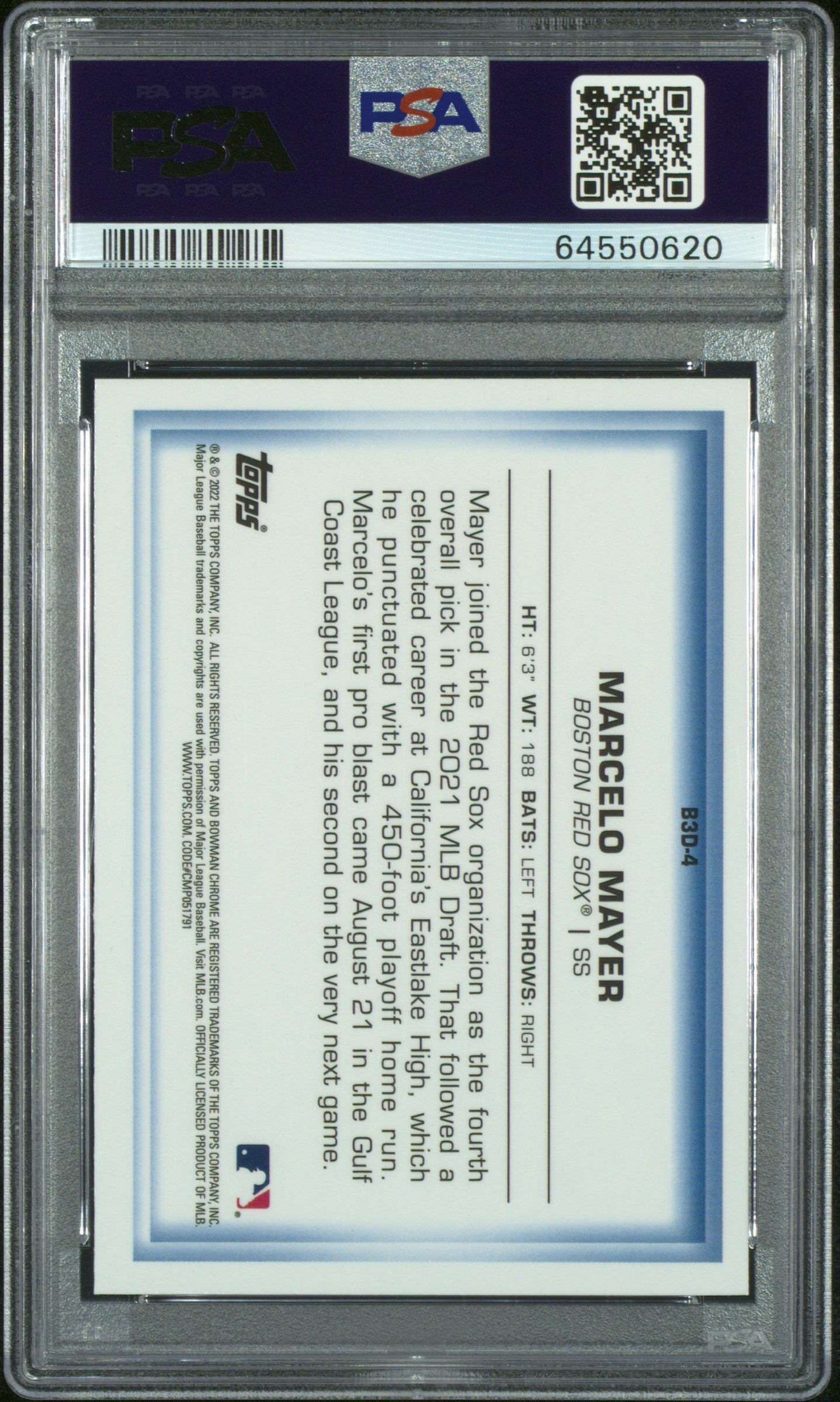 Graded 2022 Topps Bowman Marcelo Mayer #B3D4 Chrome Bowman in 3-D! Rookie RC Baseball Card PSA 10 Gem Mint