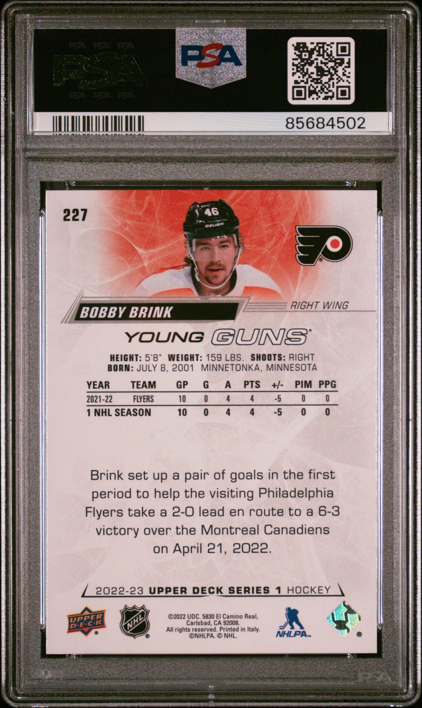 Graded 2022 Upper Deck Young Guns Bobby Brink #227 Rookie RC Hockey Card PSA 10 Gem Mint
