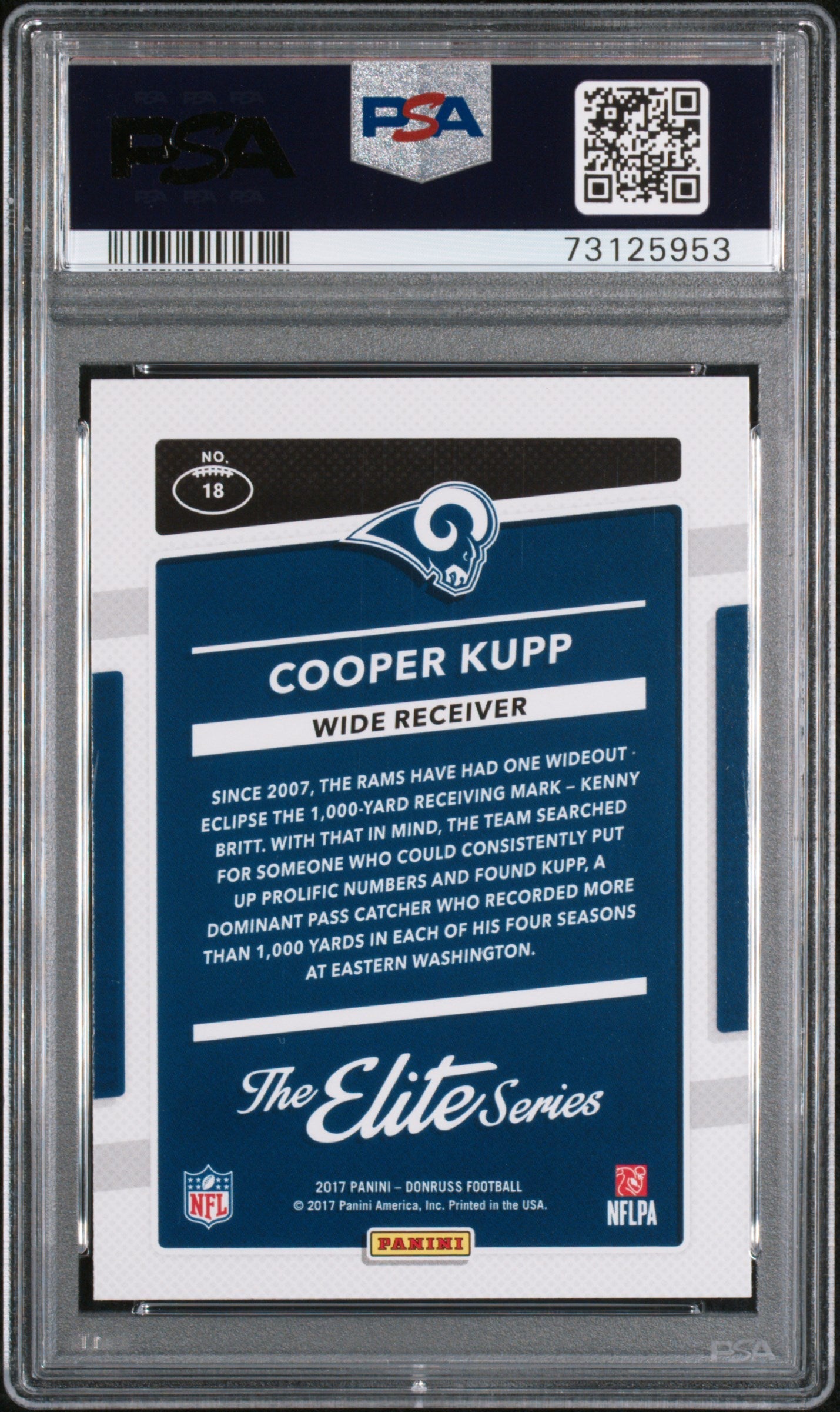 Graded 2017 Panini Donruss Cooper Kupp #18 The Elite Series Rookies Rookie RC Football Card PSA 10 Gem Mint