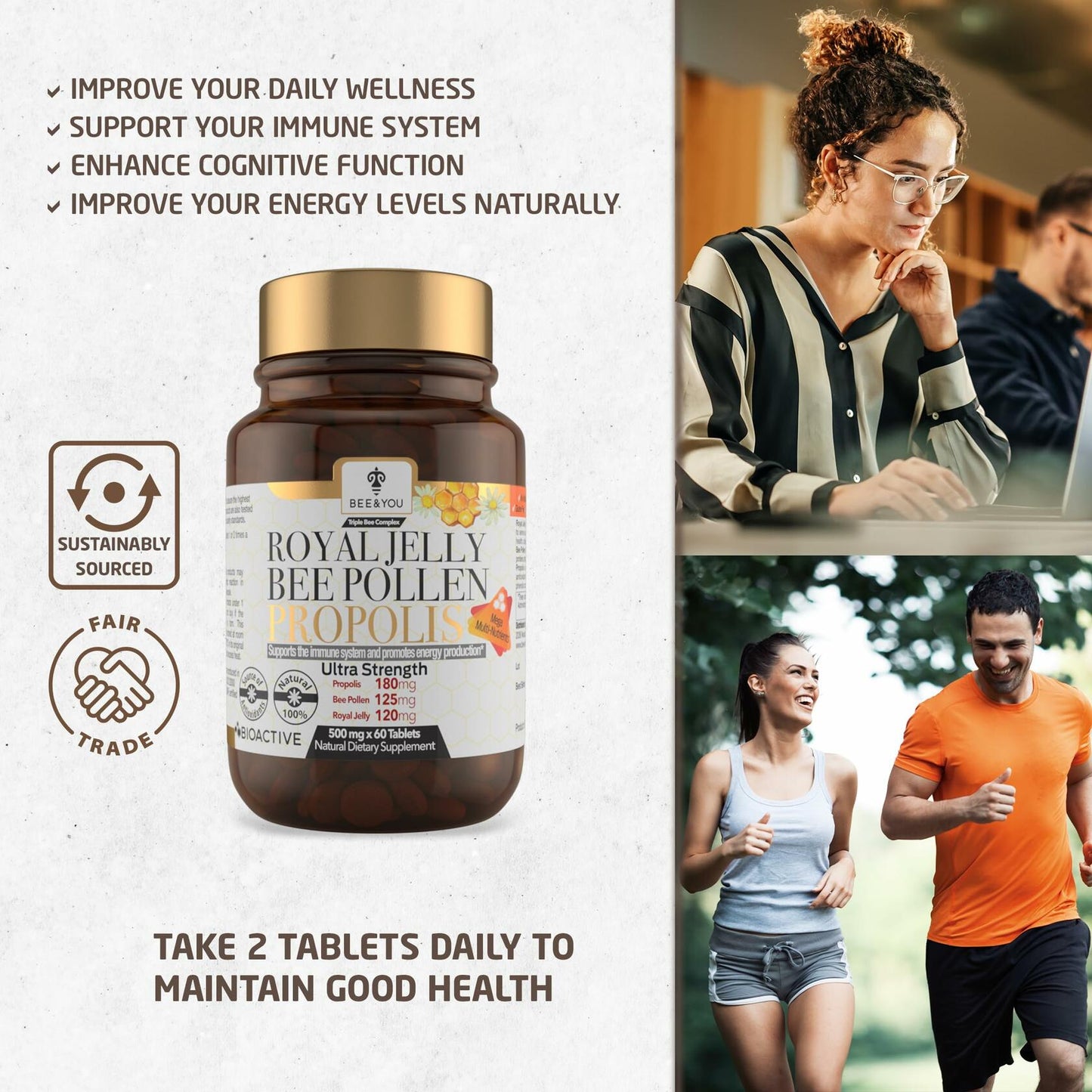 Bee and You Royal Jelly Tablet, Propolis Extract, Bee Pollen, 100% Natural 60ct EXP 12/2026