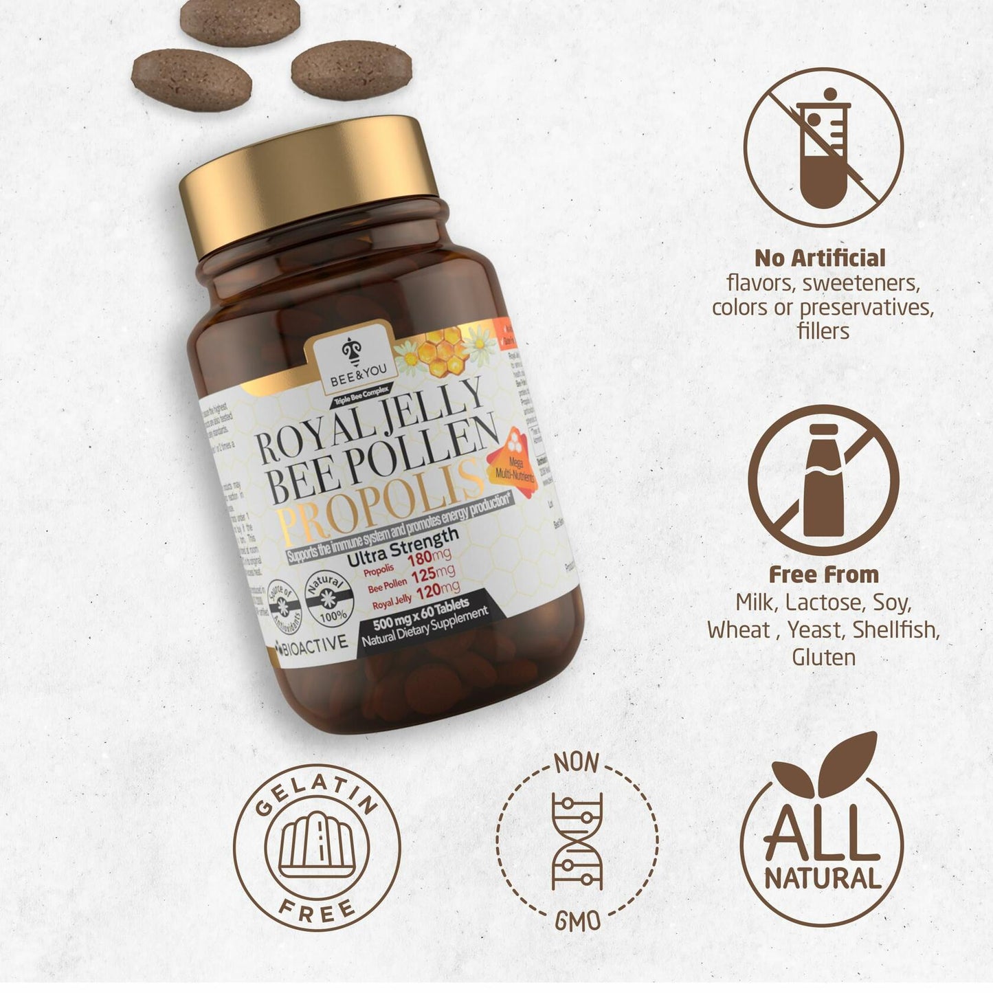 Bee and You Royal Jelly Tablet, Propolis Extract, Bee Pollen, 100% Natural 60ct EXP 12/2026